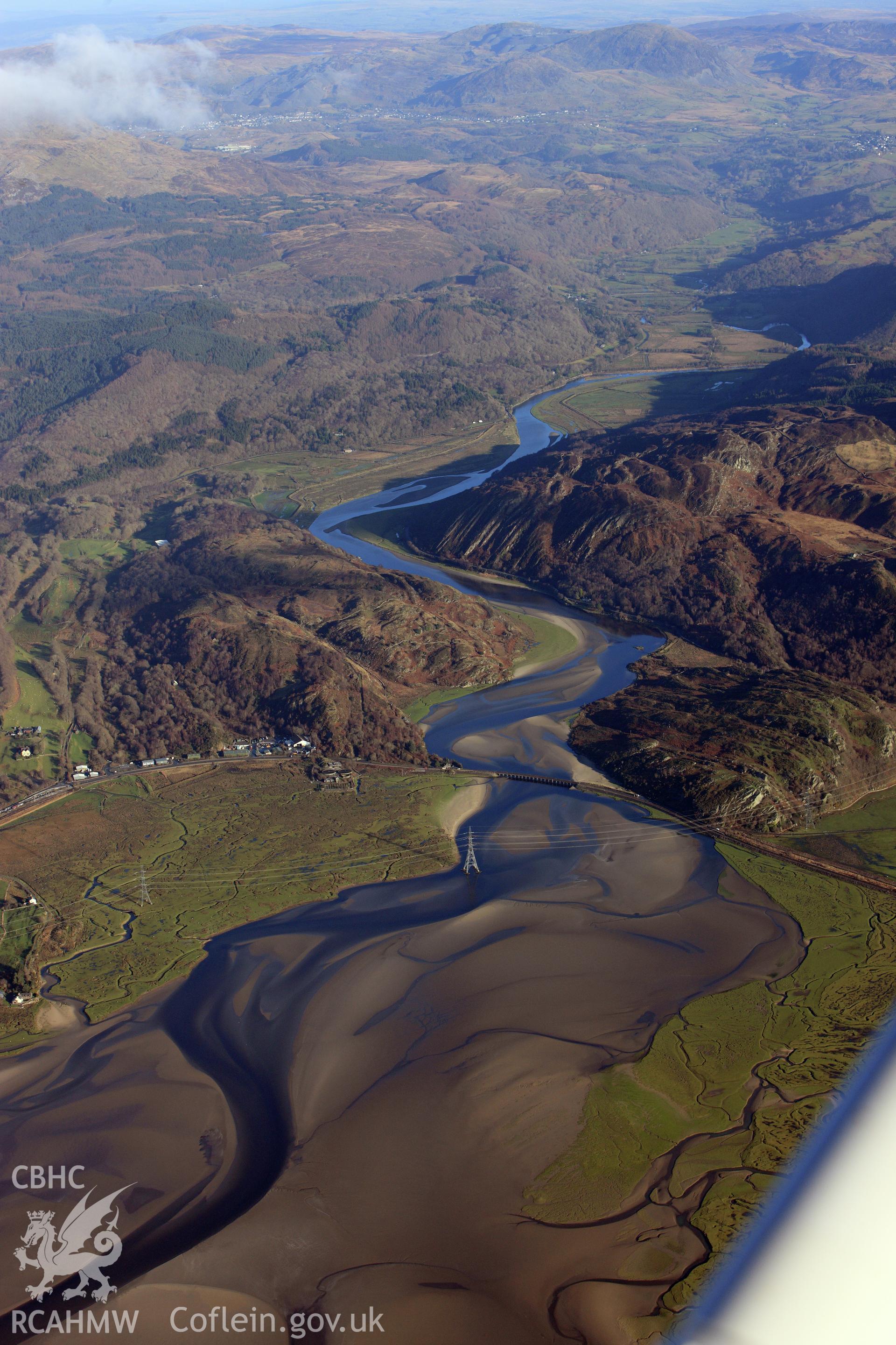 RCAHMW colour oblique photograph of Pont Briwet and Afon Dwyryd estuary, high view from west. Taken by Toby Driver on 10/12/2012.