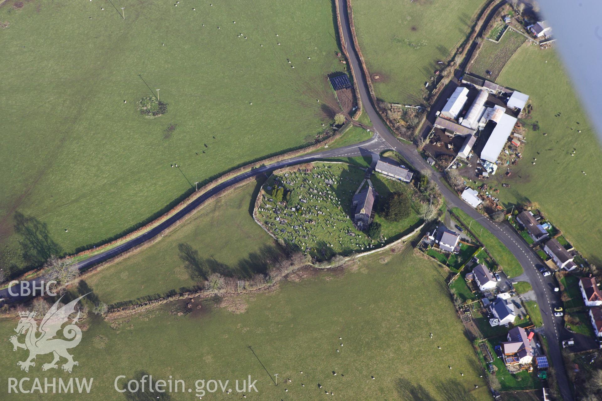 RCAHMW colour oblique photograph of St Mary's Church, Llanfair Clydogau. Taken by Toby Driver on 07/02/2012.