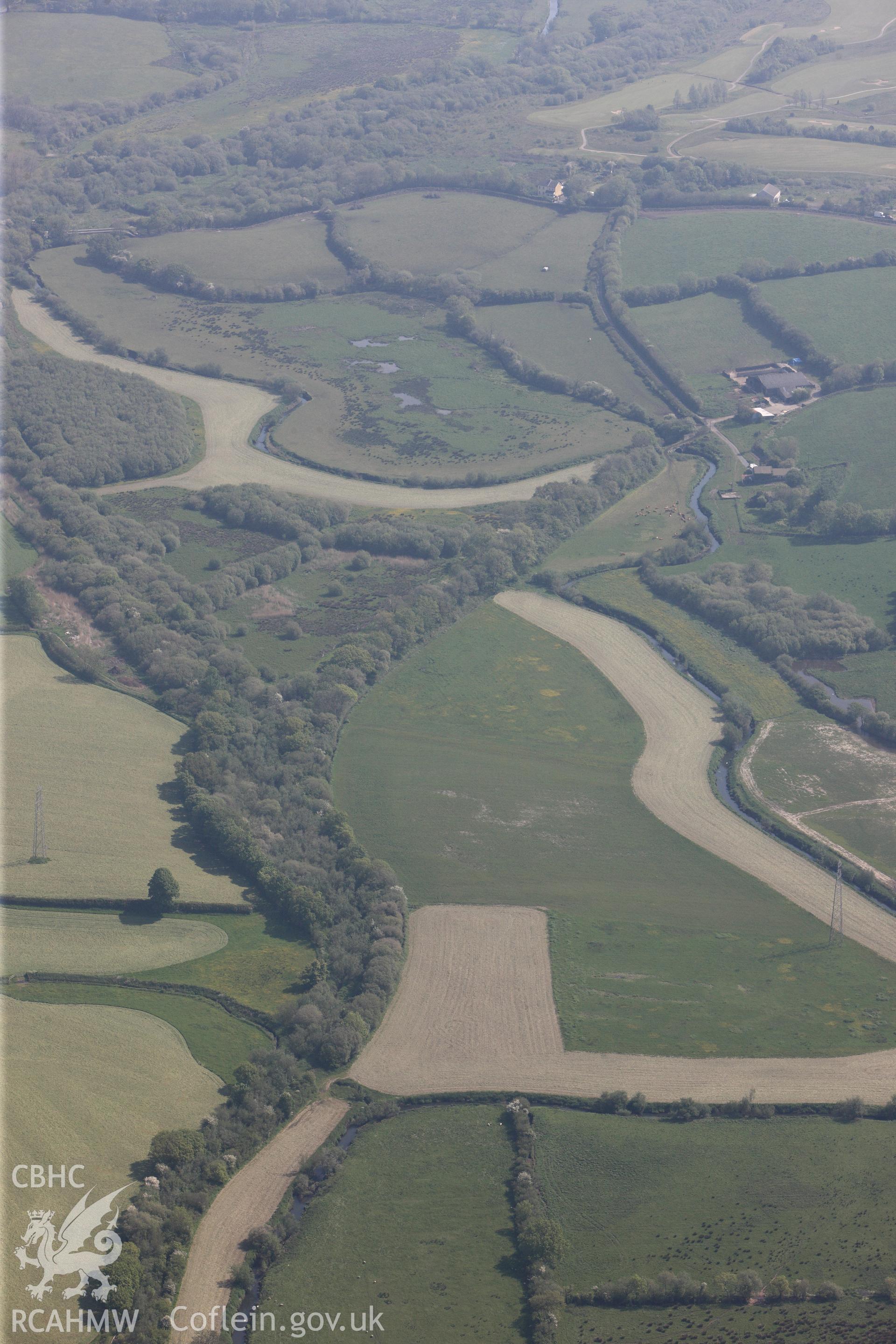 RCAHMW colour oblique photograph of General view of Kymer's Canal and Pwll-y-Llygod tramroad bridge, looking east. Taken by Toby Driver on 24/05/2012.