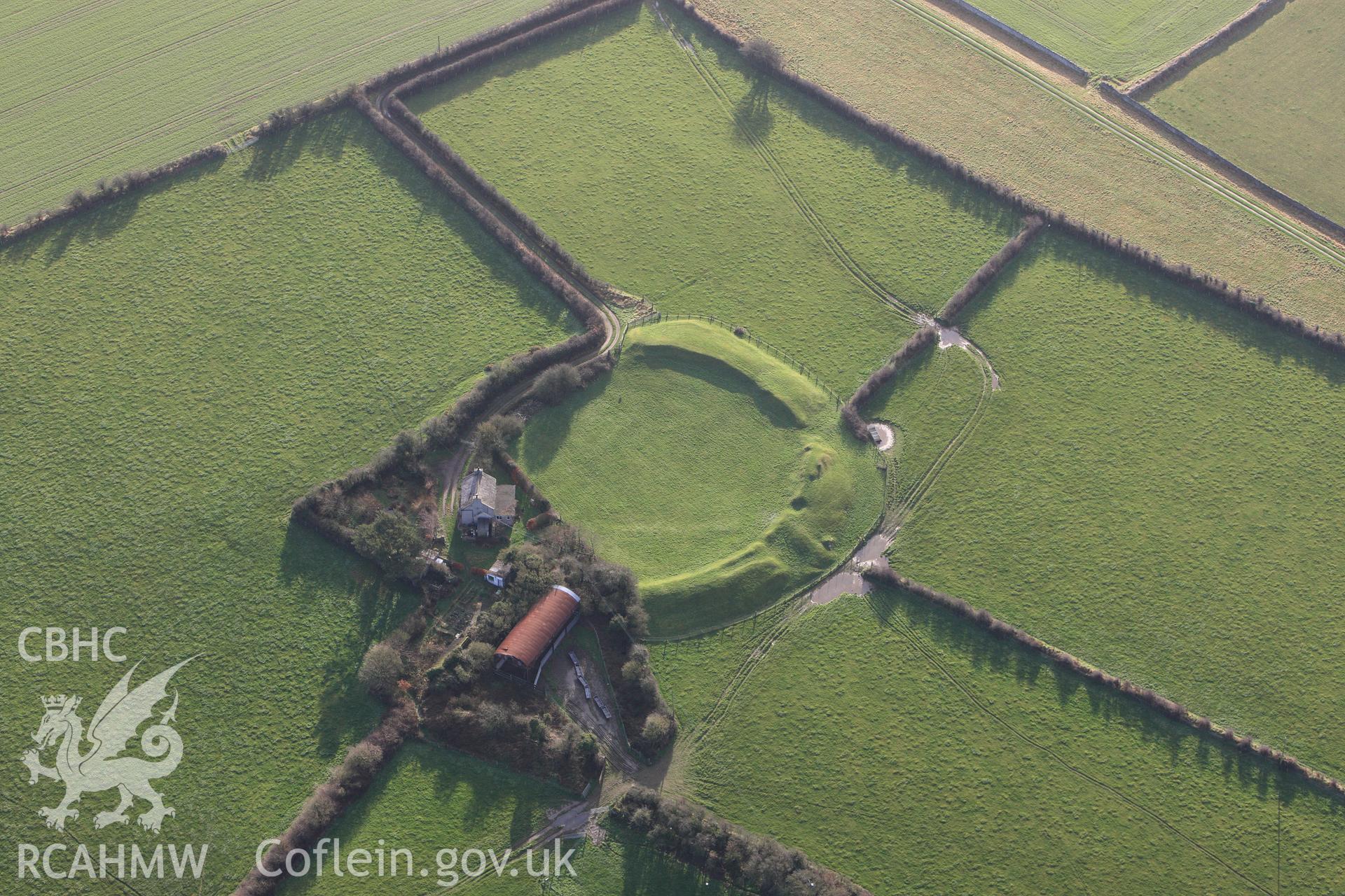 RCAHMW colour oblique photograph of Castell Bryn gwyn, in low winter light. Taken by Toby Driver on 13/01/2012.