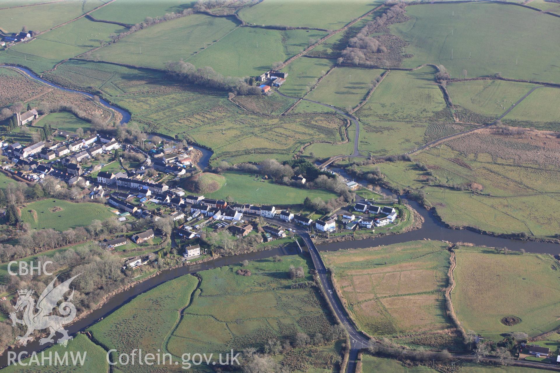 RCAHMW colour oblique photograph of St. Clears Castle. Taken by Toby Driver on 27/01/2012.