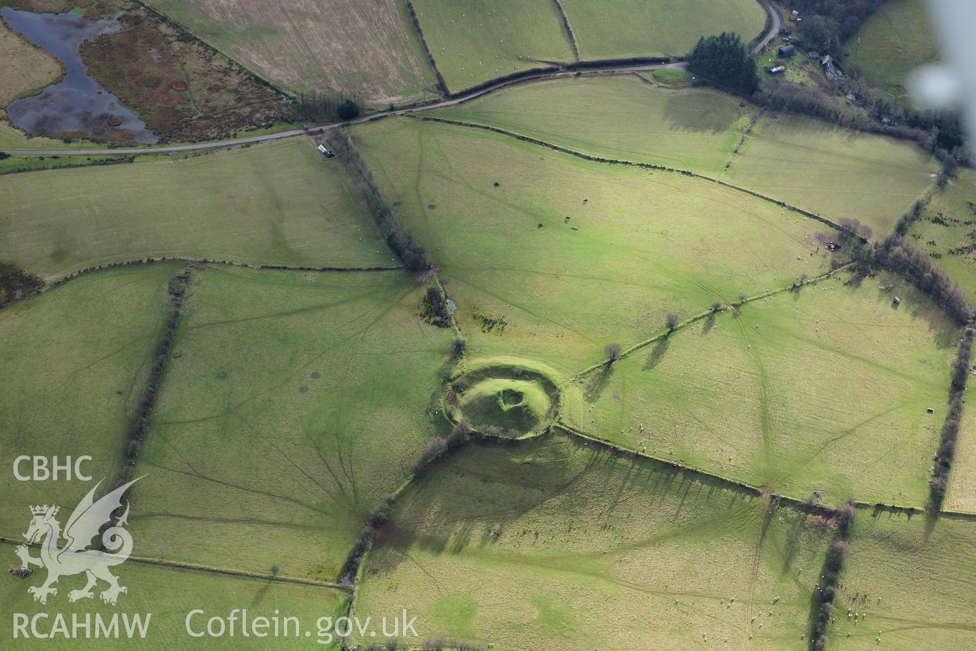 RCAHMW colour oblique photograph of Cwm Camlais motte. Taken by Toby Driver on 28/11/2012.