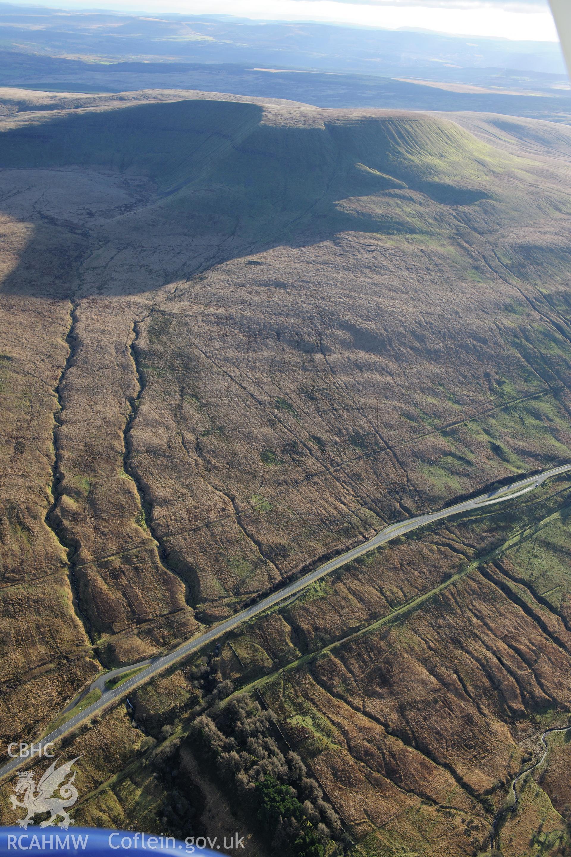 RCAHMW colour oblique photograph of Cae Cwm Crai bridge, Brecon Forest Tramroad. Taken by Toby Driver on 28/11/2012.