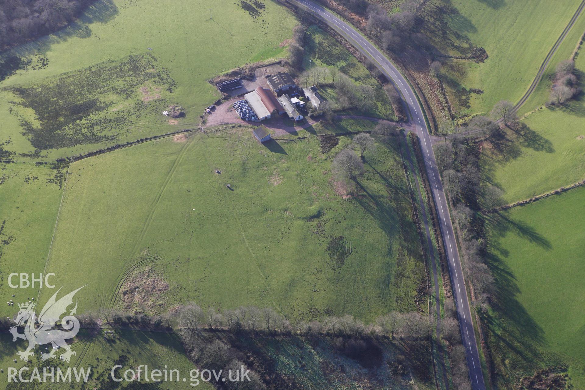 RCAHMW colour oblique photograph of Gorswen, earthworks of deserted farmstead. Taken by Toby Driver on 27/01/2012.