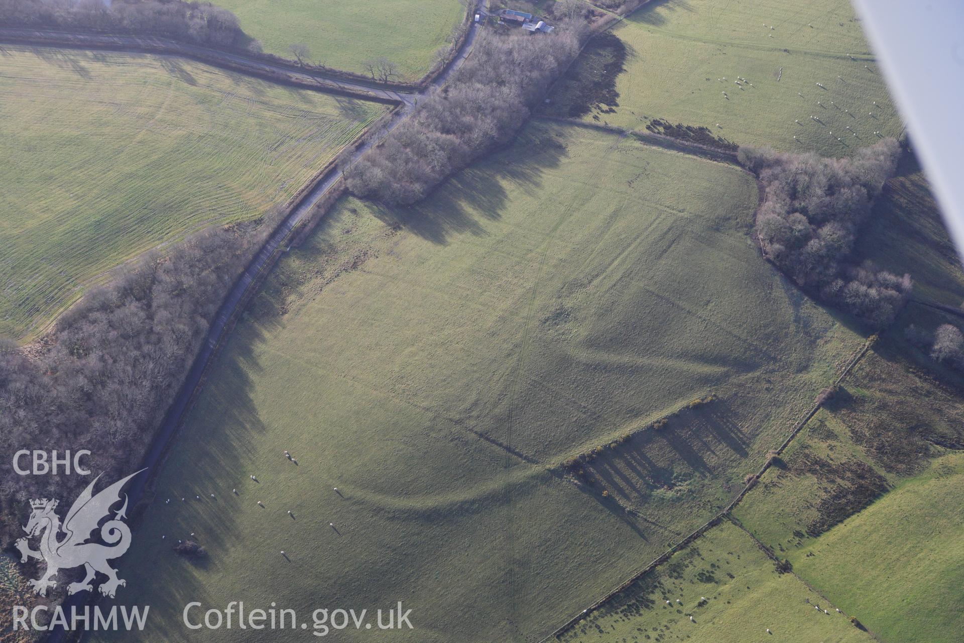 RCAHMW colour oblique photograph of linear earthworks, possibly trackways, north of Allt Goch Lodge, Llanarthney. Taken by Toby Driver on 27/01/2012.