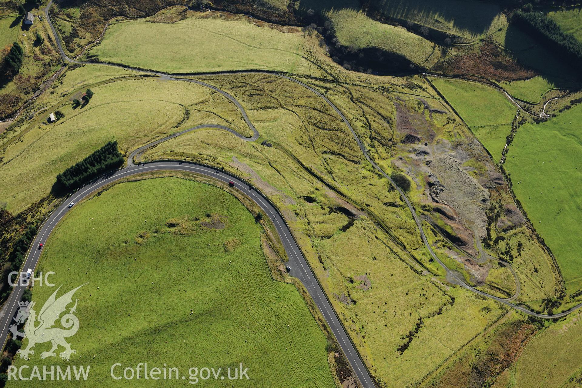 RCAHMW colour oblique photograph of Esgair Lle lead mine. Taken by Toby Driver on 05/11/2012.