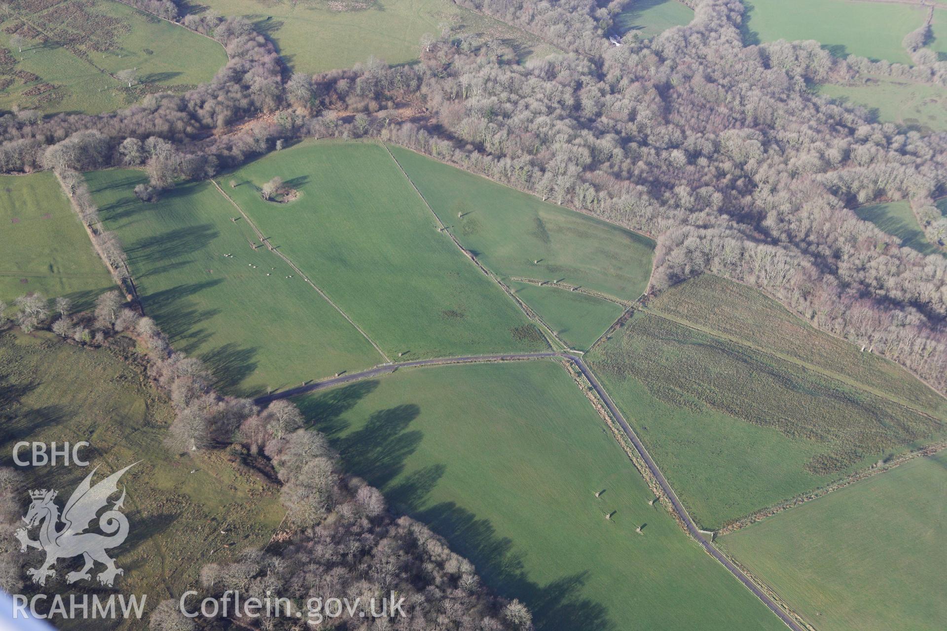 RCAHMW colour oblique photograph of Tree Clump Earthworks, Middleton Hall Park. Taken by Toby Driver on 27/01/2012.