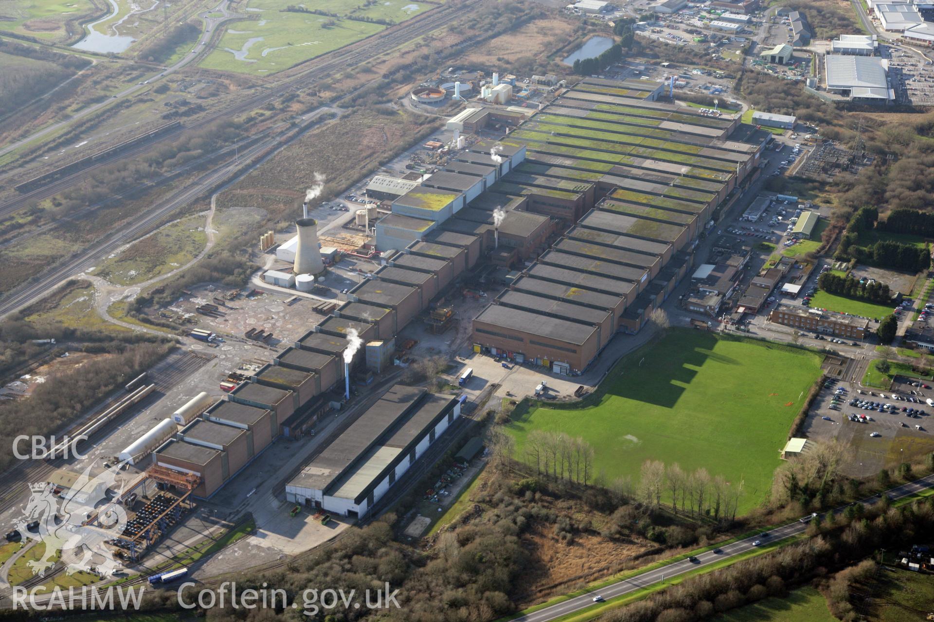 RCAHMW colour oblique photograph of Trostre Stealworks, Llanelli. Taken by Toby Driver on 02/02/2012.