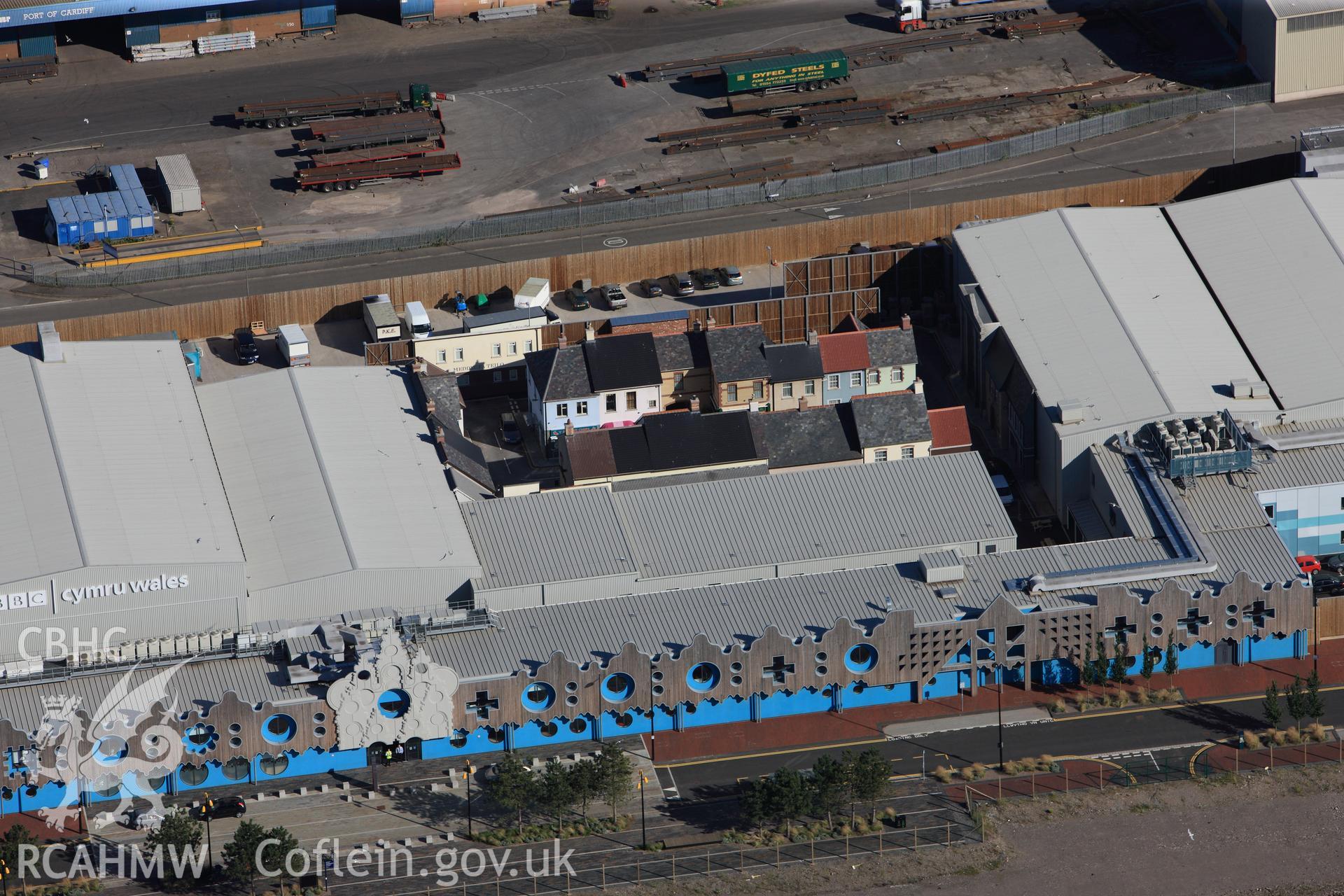 RCAHMW colour oblique photograph of BBC Roath Lock Studios, Cardiff Bay, showing 'Pobol y Cwm' set. Taken by Toby Driver on 24/07/2012.