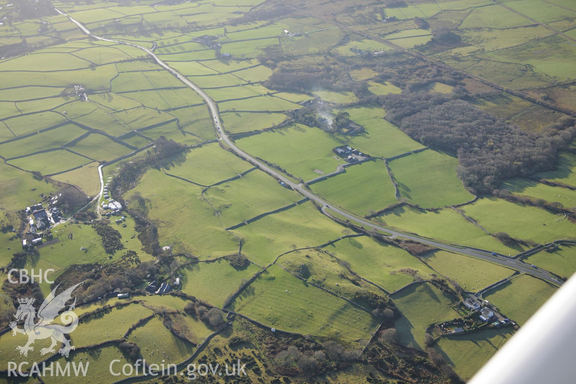 RCAHMW colour oblique photograph of Gilfach Goch, cultivation ridges to north of. Taken by Toby Driver on 10/12/2012.