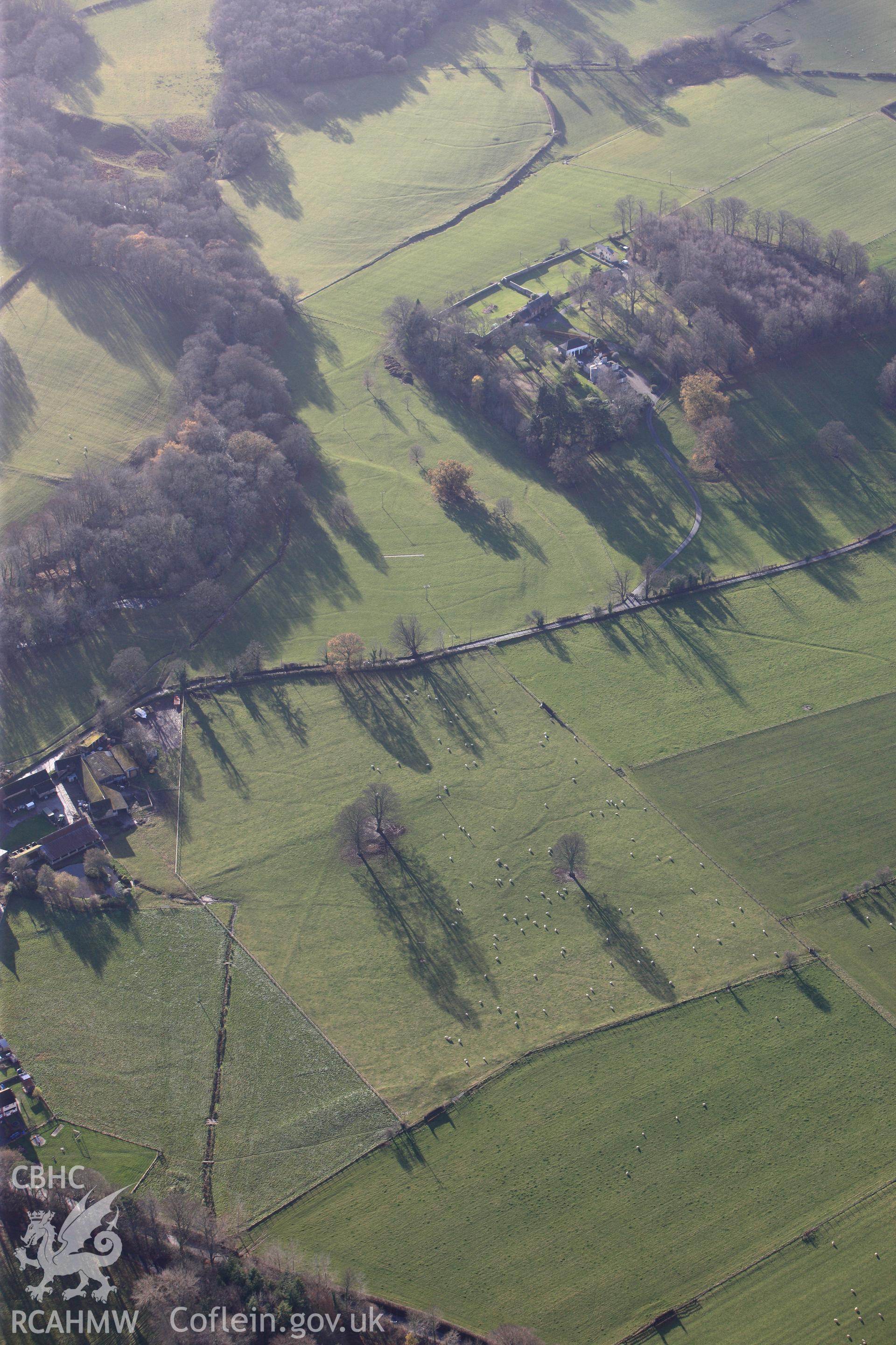 RCAHMW colour oblique photograph of LLANFRYNACH WATER MEADOWS OR DRAINAGE SYSTEM. Taken by Toby Driver on 23/11/2012.