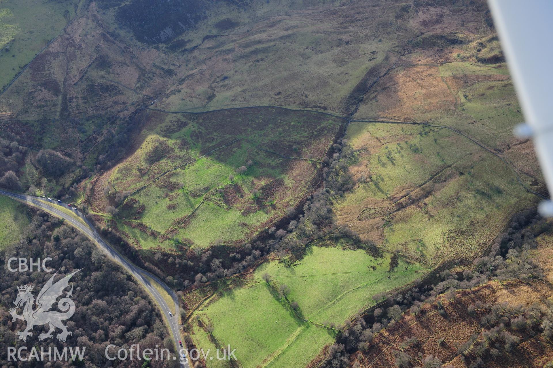 RCAHMW colour oblique photograph of Craig Cerrig Gleisad settlement and field system. Taken by Toby Driver on 28/11/2012.