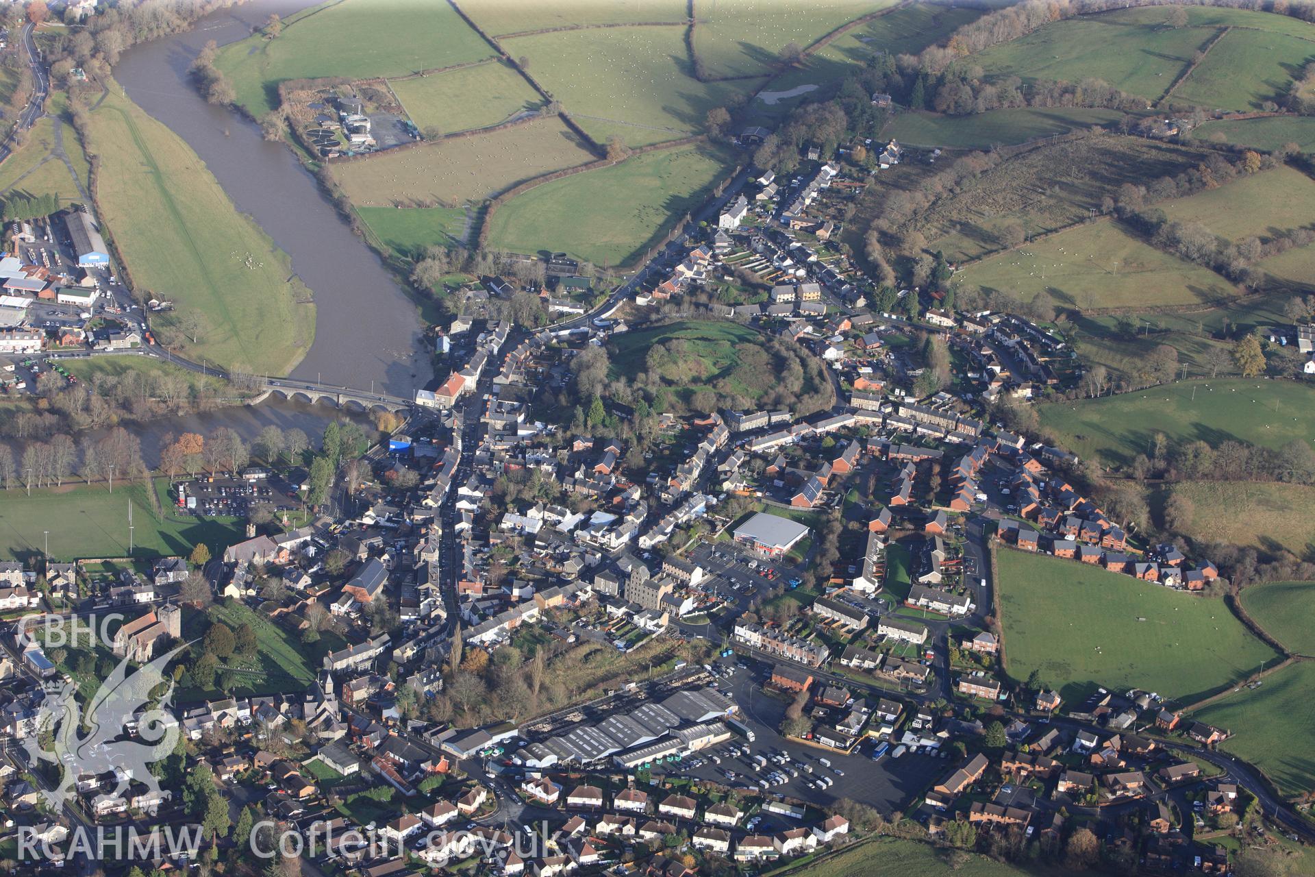 RCAHMW colour oblique photograph of Builth Castle, and town. Taken by Toby Driver on 23/11/2012.