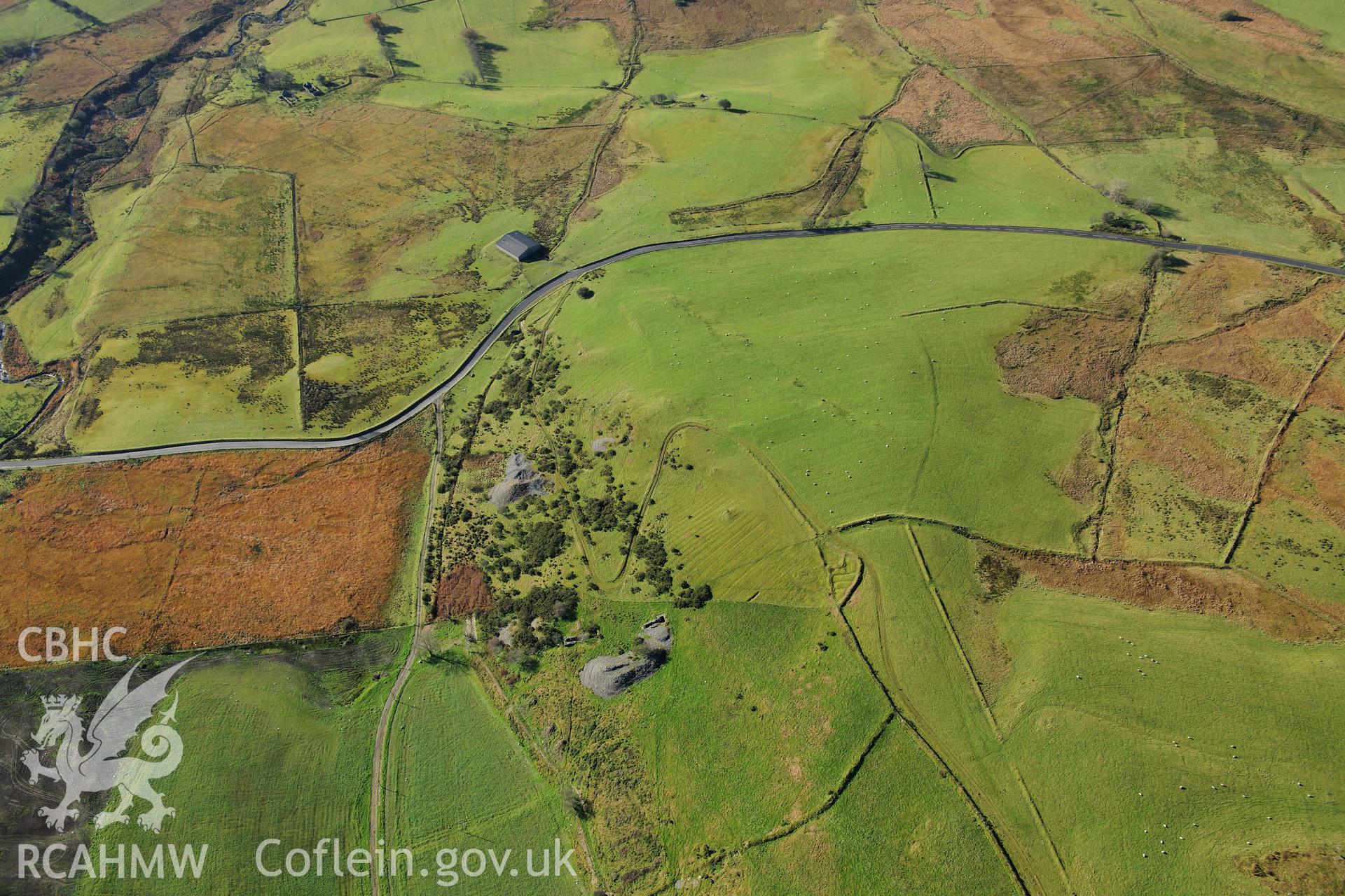 RCAHMW colour oblique photograph of Penlan Fach mine, and old cultivation ridges. Taken by Toby Driver on 05/11/2012.