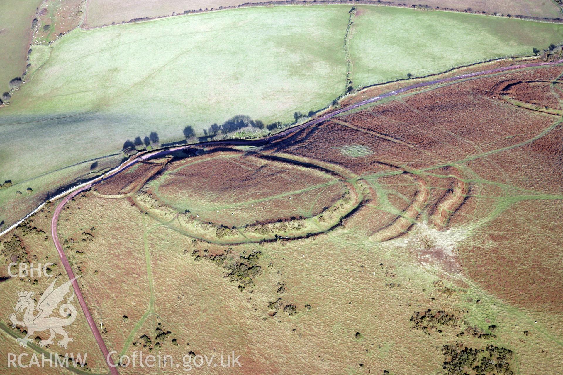 RCAHMW colour oblique photograph of Hardings Down, West Fort. Taken by Toby Driver on 02/02/2012.