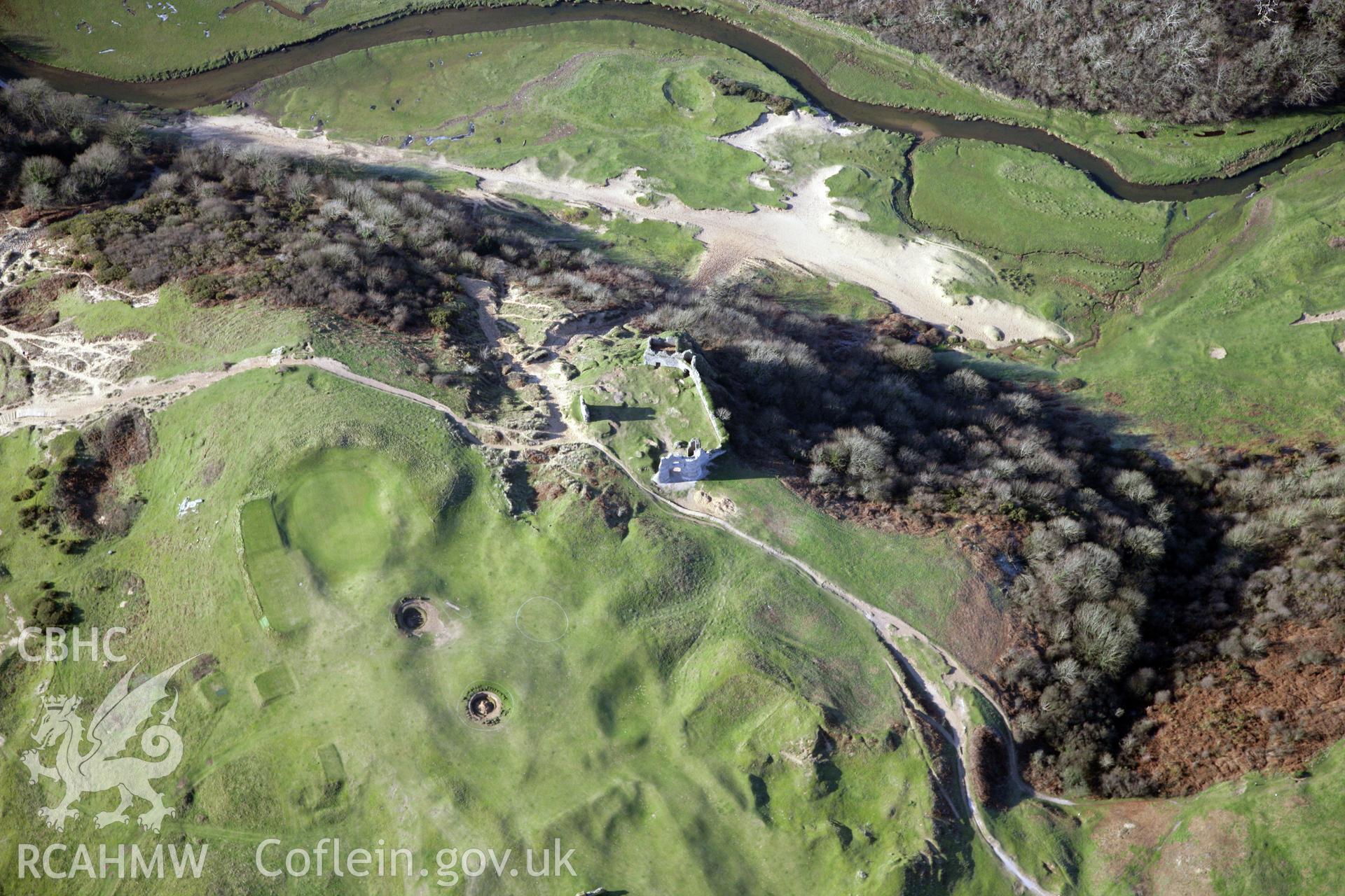 RCAHMW colour oblique photograph of Pennard deserted settlement and Pennard castle and church. Taken by Toby Driver on 02/02/2012.