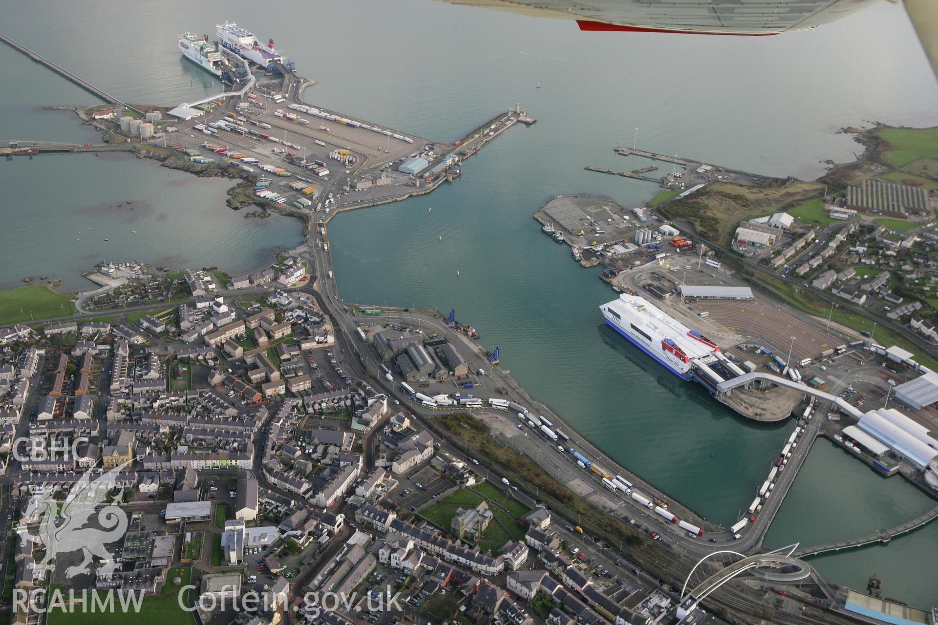 RCAHMW colour oblique photograph of Holyhead Harbour Ferry Terminal. Taken by Toby Driver on 13/01/2012.