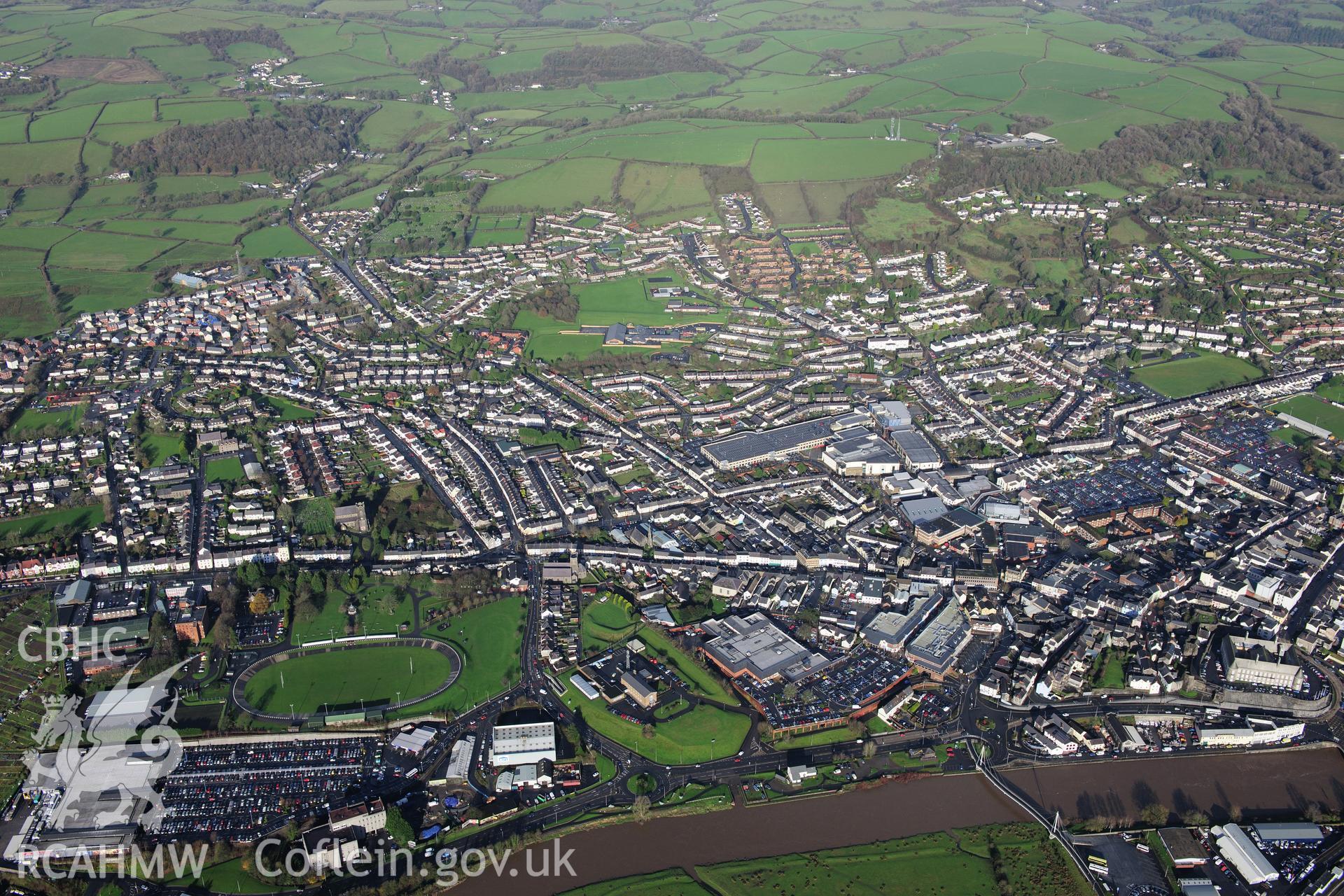 RCAHMW colour oblique photograph of The Bulwarks, Carmarthen, and townscape from south-east. Taken by Toby Driver on 23/11/2012.