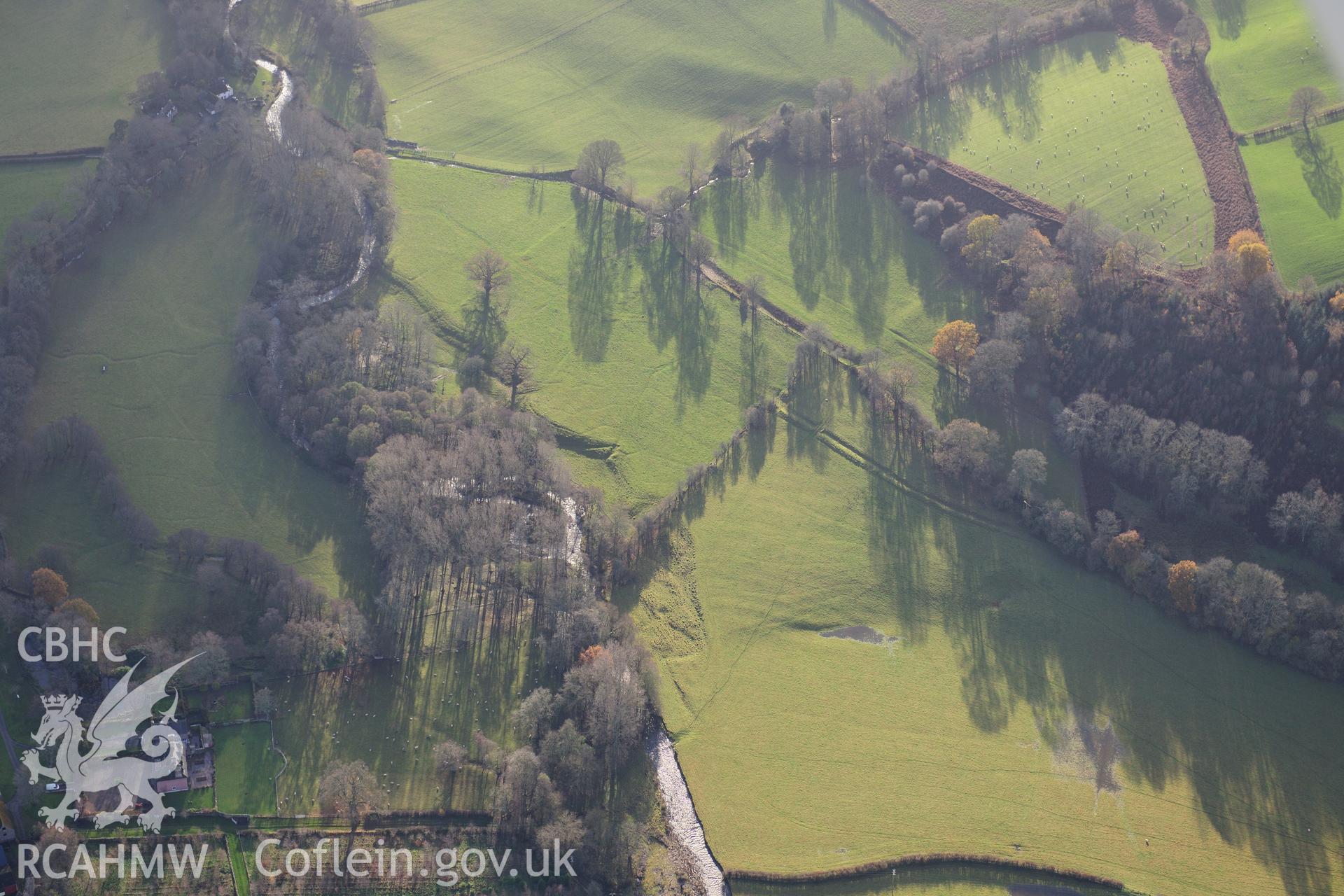 RCAHMW colour oblique photograph of Abercynrig, earthworks. Taken by Toby Driver on 23/11/2012.