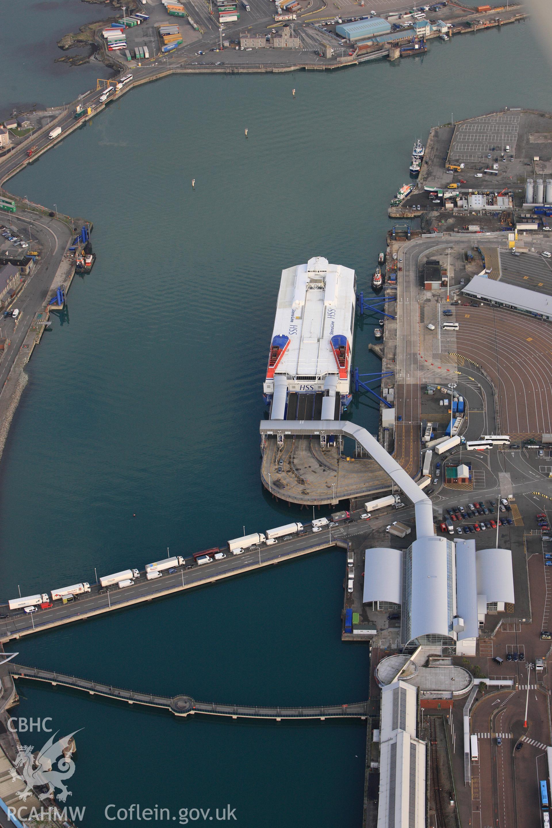 RCAHMW colour oblique photograph of Holyhead Harbour Ferry Terminal. Taken by Toby Driver on 13/01/2012.