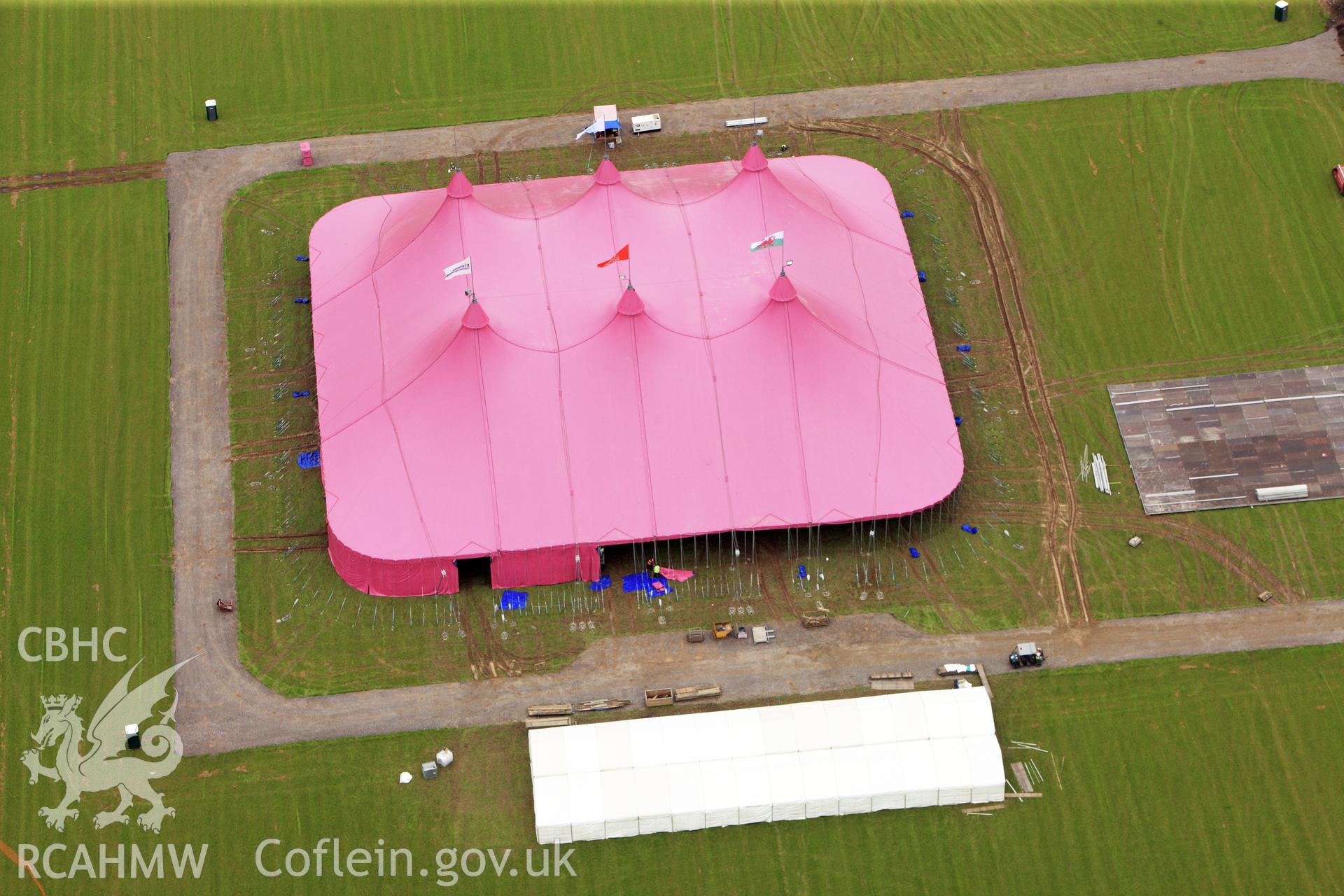 RCAHMW colour oblique photograph of Llandow Airfield 2012 National Eisteddfod. Taken by Toby Driver on 05/07/2012.