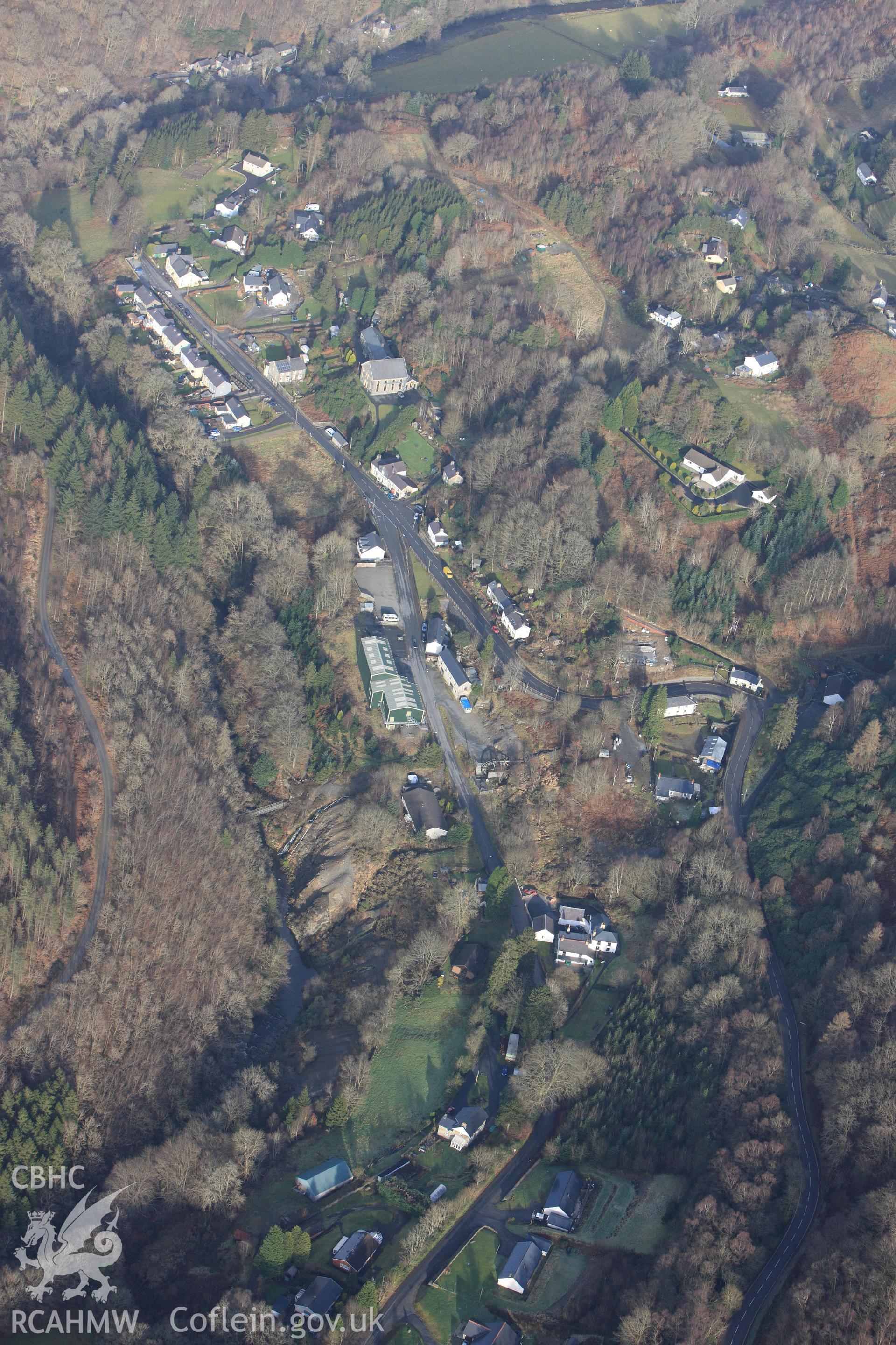 RCAHMW colour oblique photograph of Pontrhydygroes Village. Taken by Toby Driver on 07/02/2012.