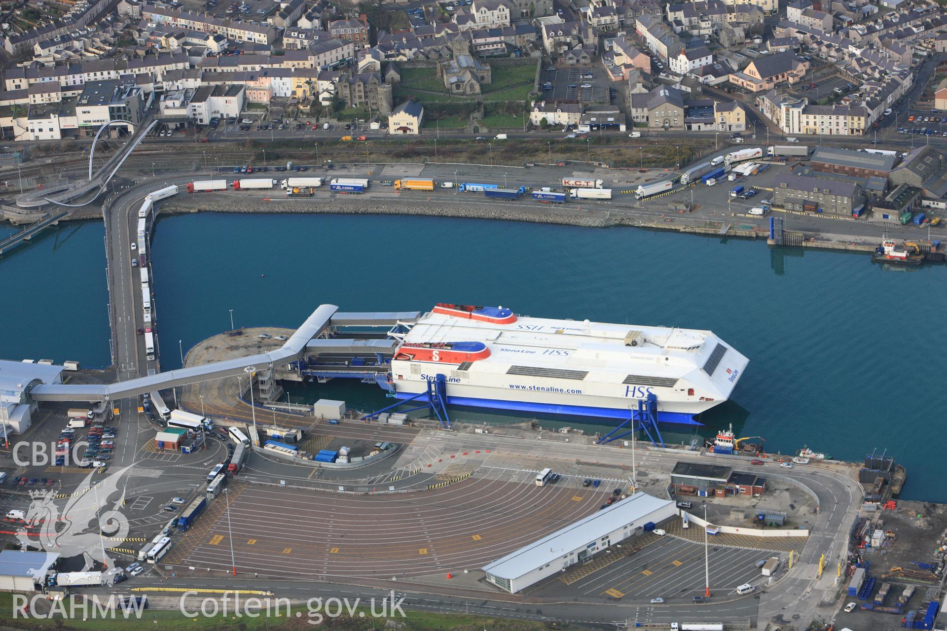 RCAHMW colour oblique photograph of Holyhead Harbour Ferry Terminal. Taken by Toby Driver on 13/01/2012.