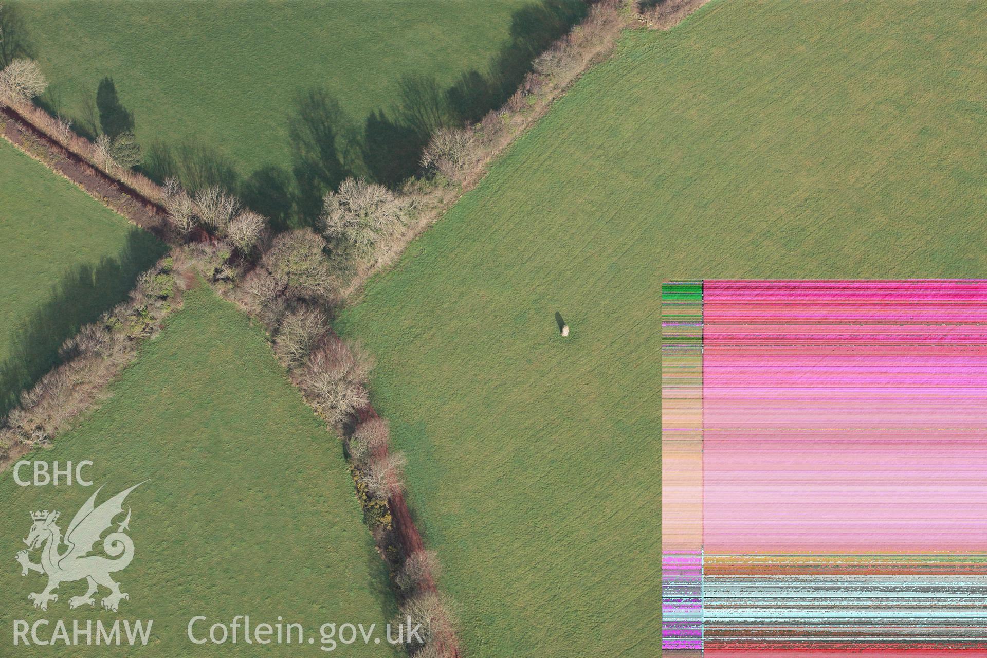 RCAHMW colour oblique photograph of Pystyll Gywn (Clos-Teg), Standing Stone. Taken by Toby Driver on 27/01/2012.