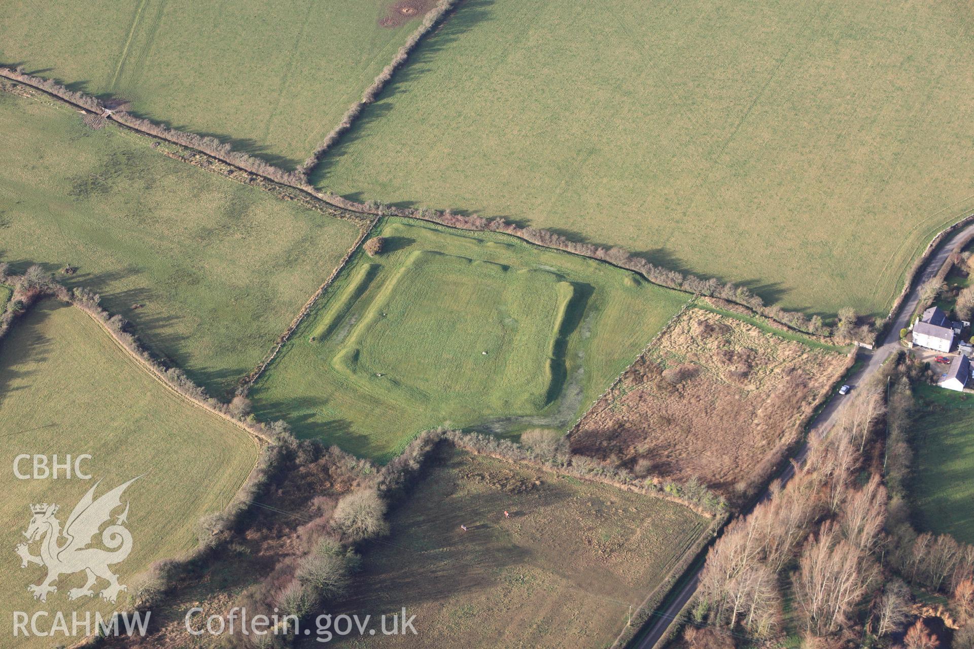 RCAHMW colour oblique photograph of Caer Leb earthwork, in low light. Taken by Toby Driver on 13/01/2012.