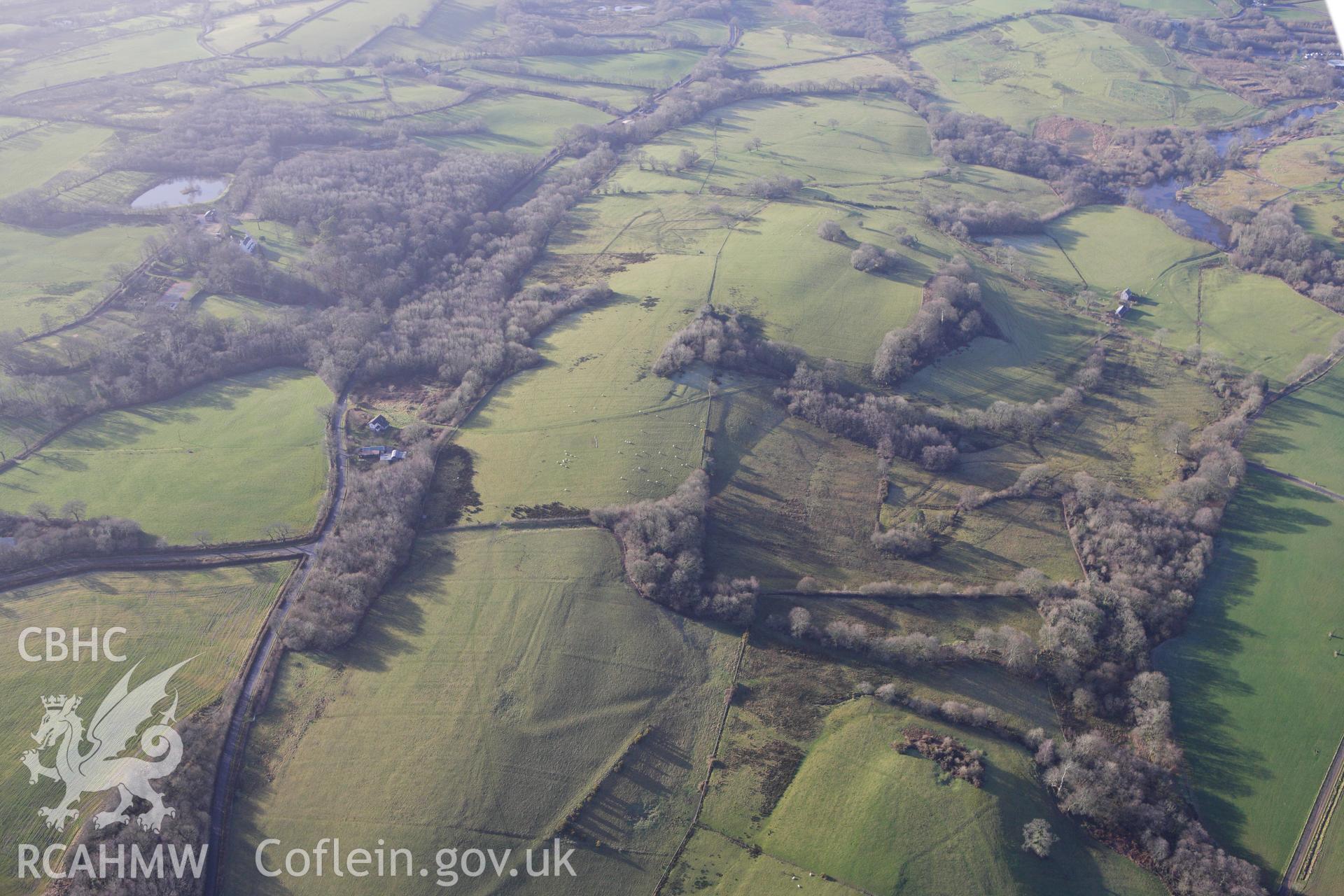 RCAHMW colour oblique photograph of linear earthworks, possibly trackways, north of Allt Goch Lodge, Llanarthney. Taken by Toby Driver on 27/01/2012.