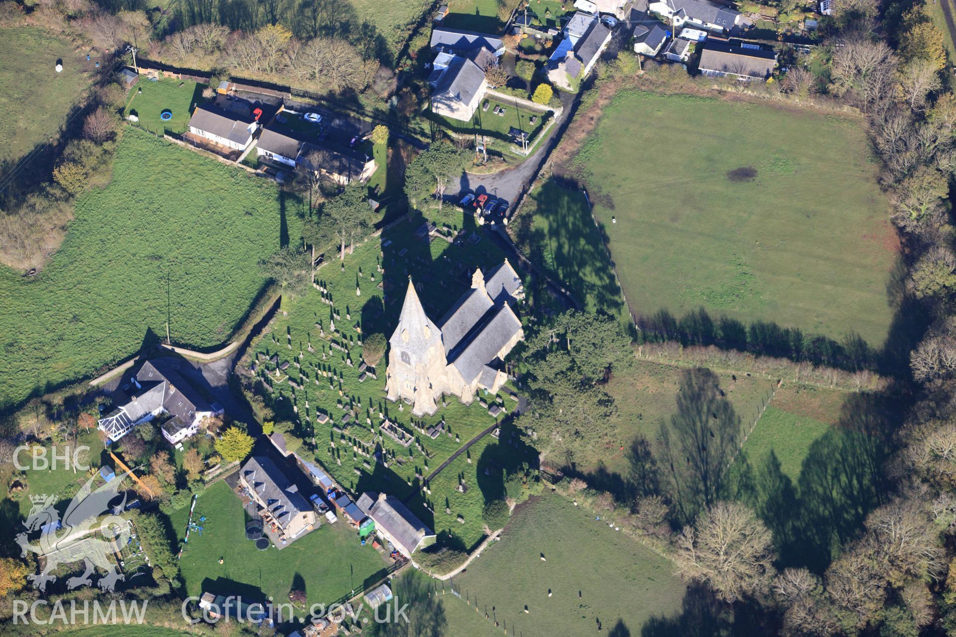 RCAHMW colour oblique photograph of St Rhystud's Church. Taken by Toby Driver on 05/11/2012.