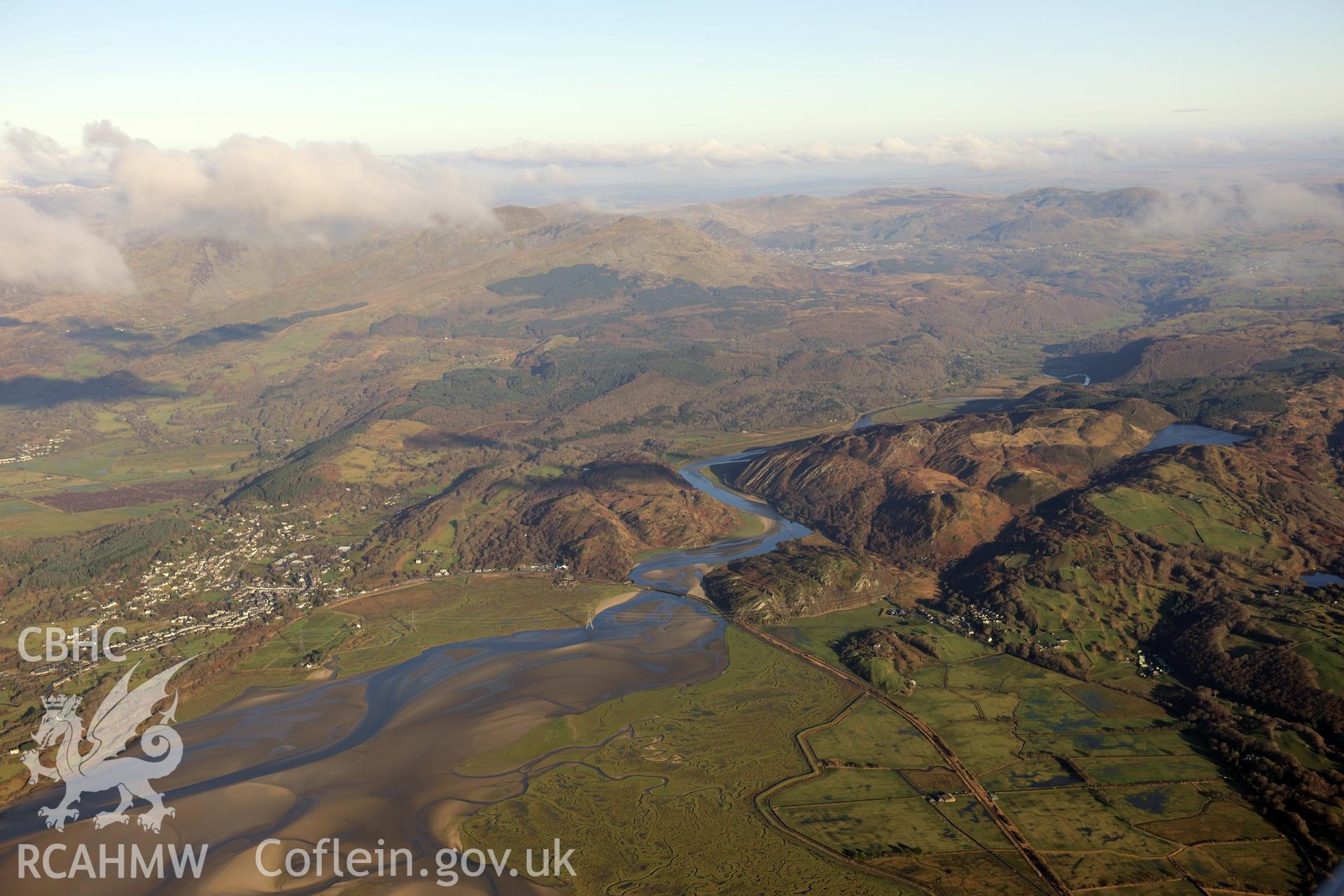 RCAHMW colour oblique photograph of Pont Briwet and Afon Dwyryd estuary, high view from west. Taken by Toby Driver on 10/12/2012.