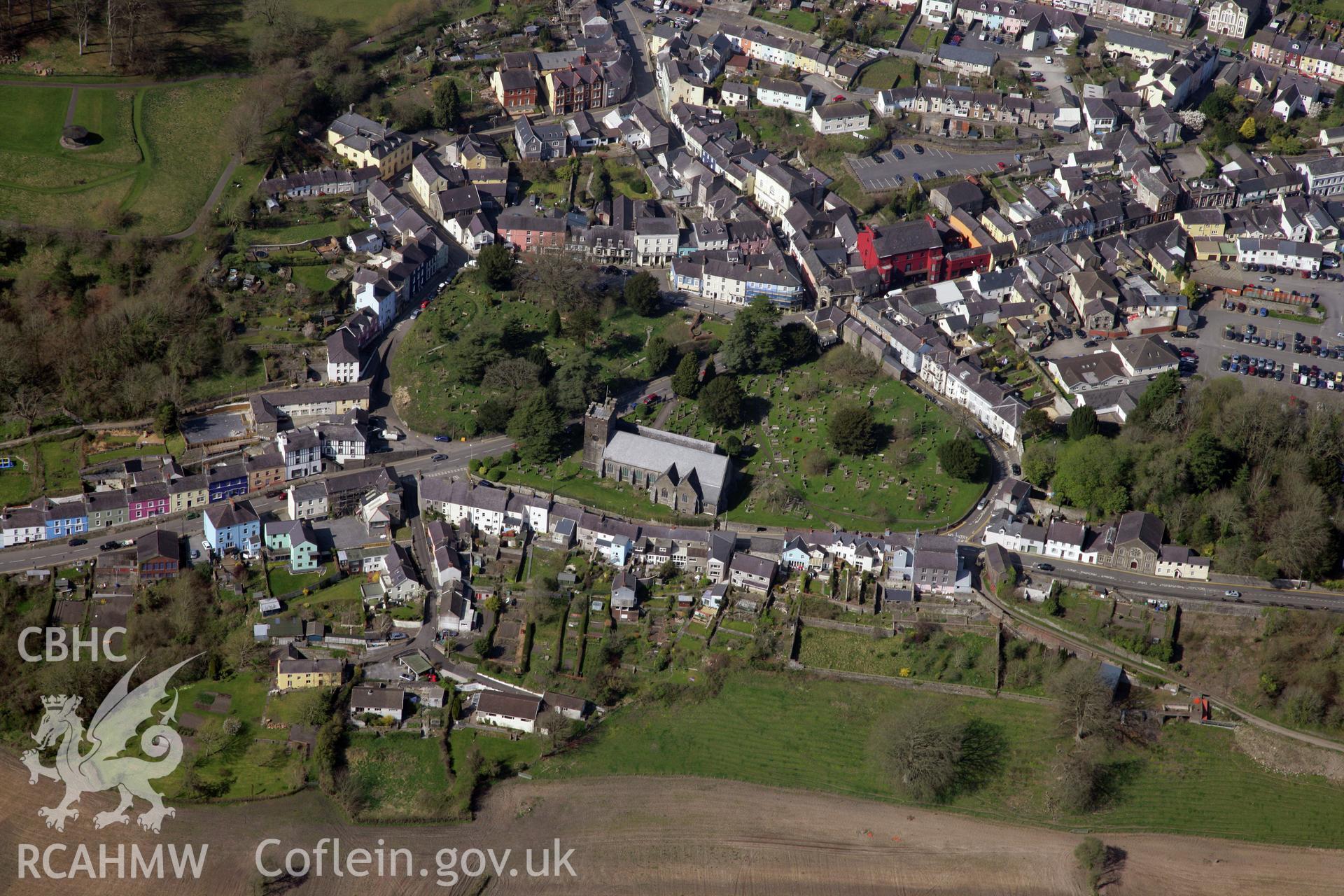 RCAHMW colour oblique photograph of St Teilo's Church, Llandeilo. Taken by Toby Driver and Oliver Davies on 28/03/2012.