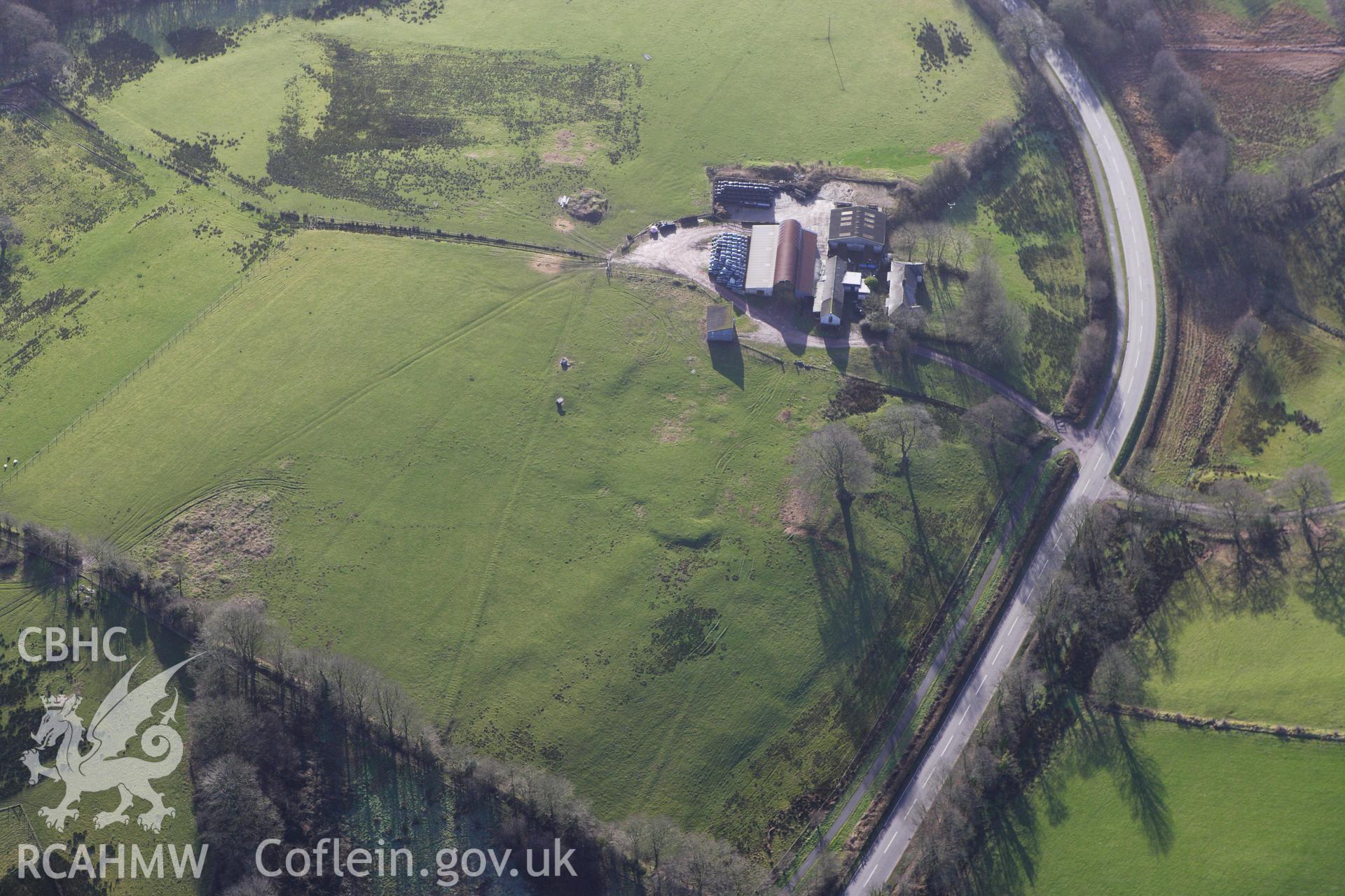 RCAHMW colour oblique photograph of Gorswen, earthworks of deserted farmstead. Taken by Toby Driver on 27/01/2012.