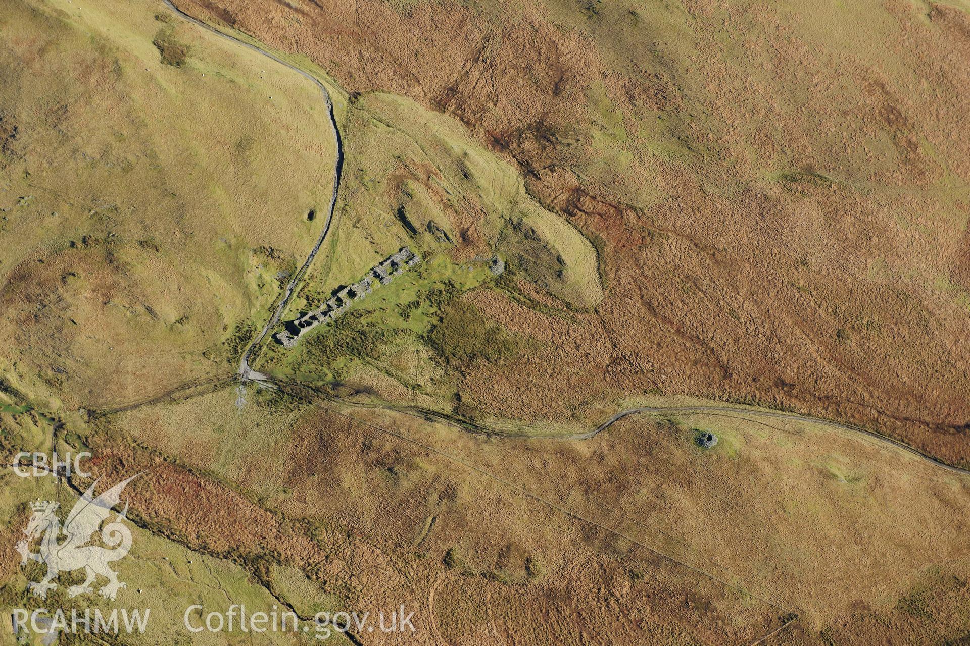 RCAHMW colour oblique photograph of Esgair Hir Lead Mine, barracks. Taken by Toby Driver on 05/11/2012.