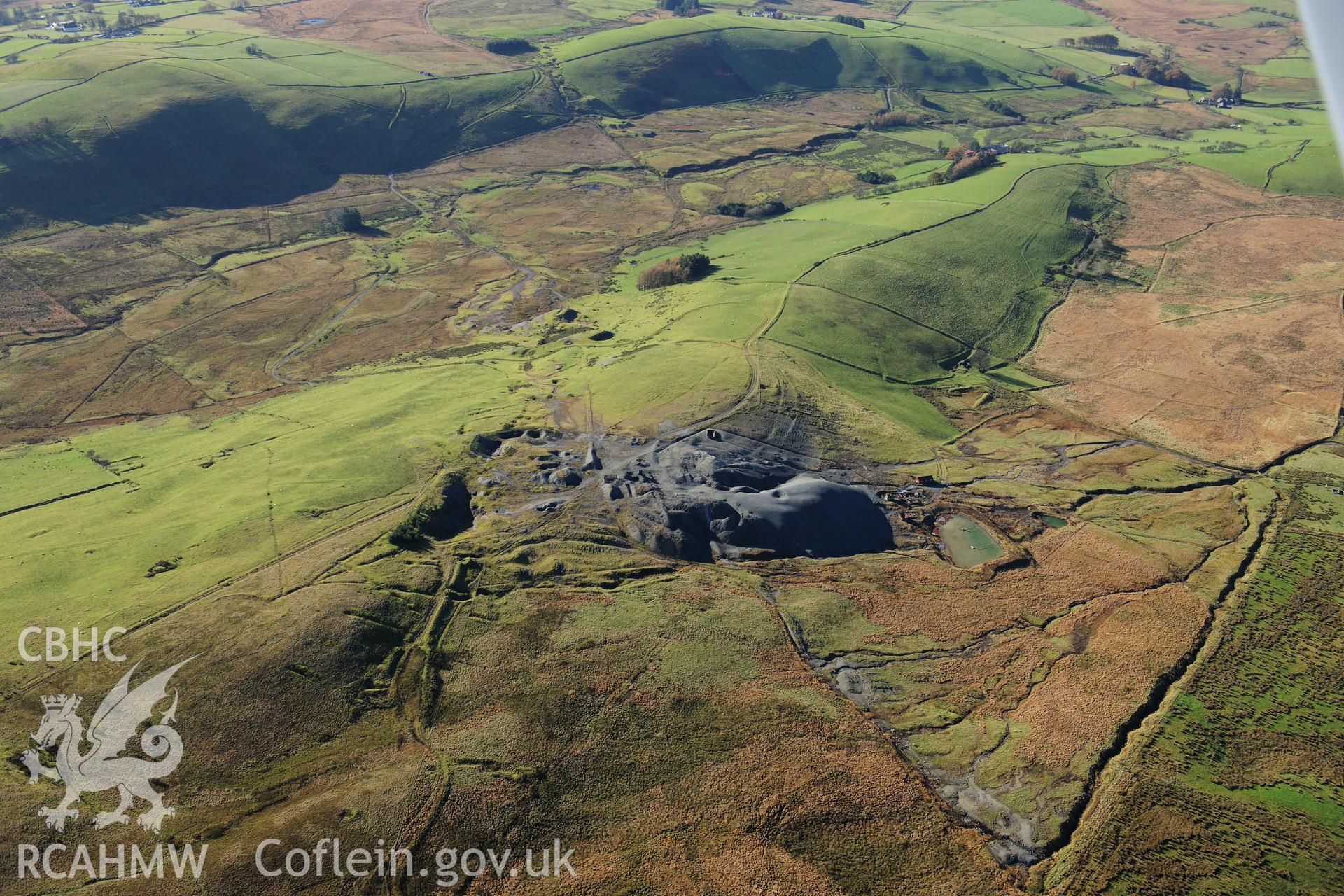 RCAHMW colour oblique photograph of Esgairmwyn lead mine, mine working complex. Taken by Toby Driver on 05/11/2012.