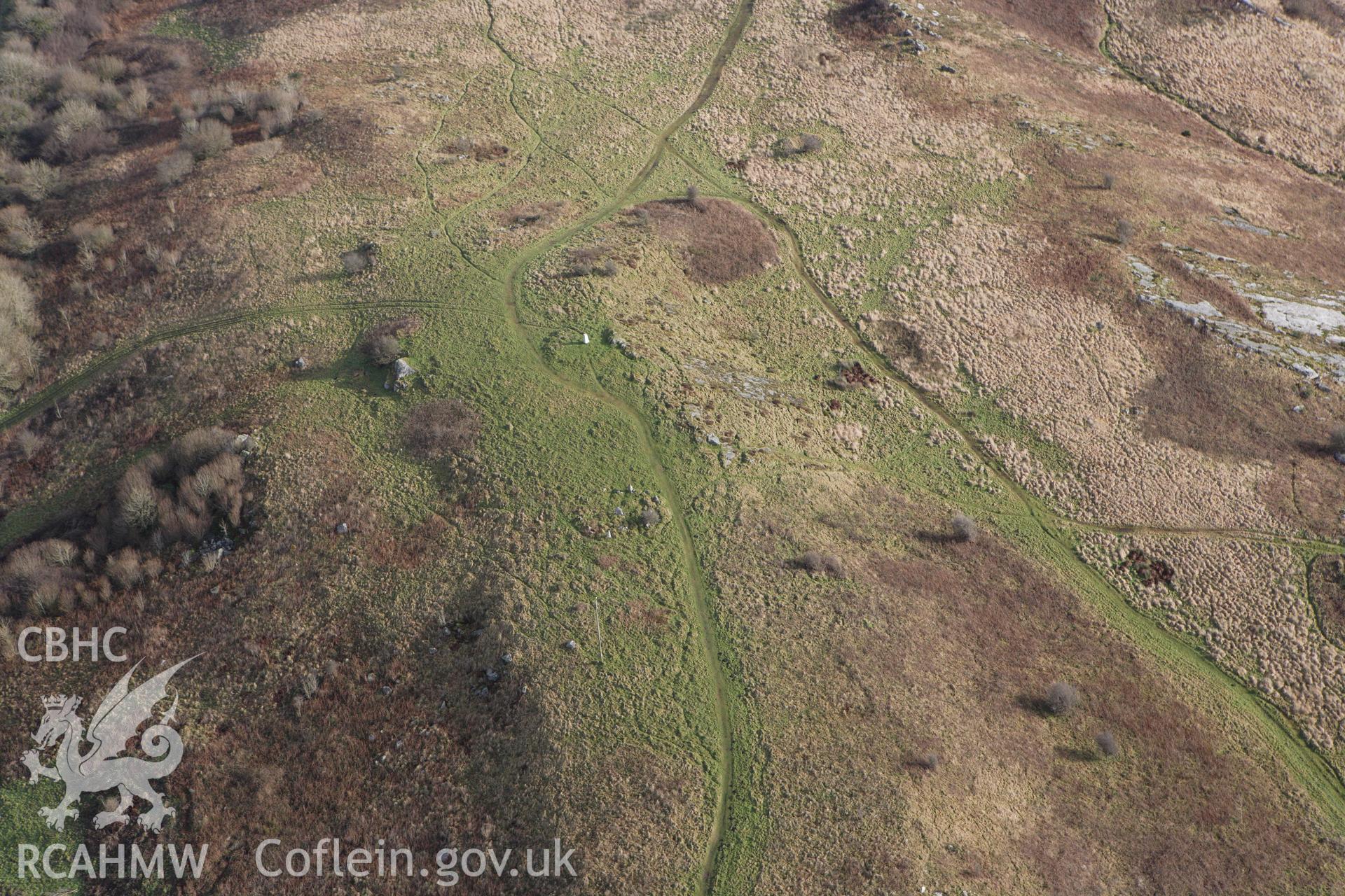 RCAHMW colour oblique photograph of Mynydd Llangyndeyrn, Round Cairns. Taken by Toby Driver on 27/01/2012.