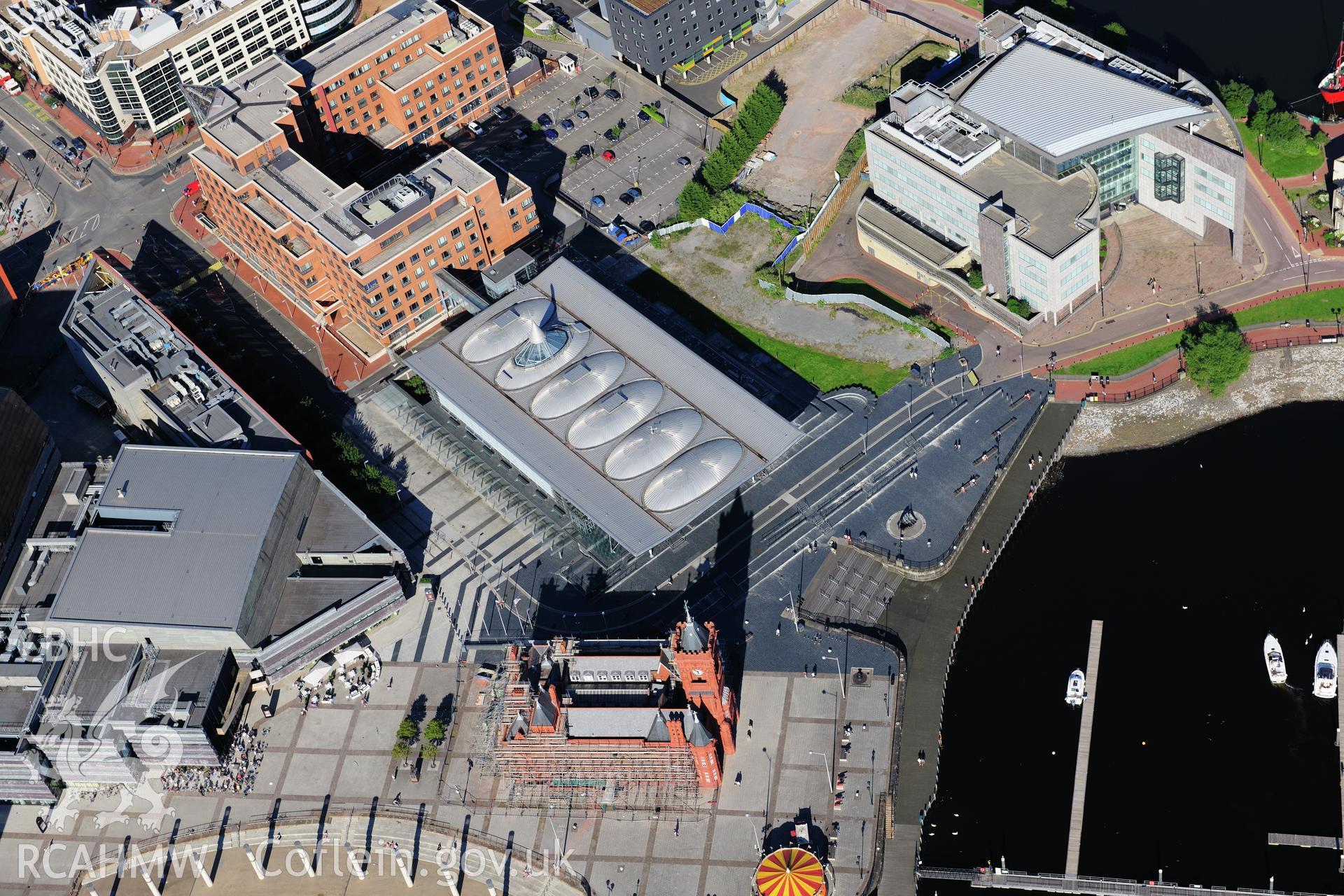 RCAHMW colour oblique photograph of Senedd Assembly Building, Cardiff Bay. Taken by Toby Driver on 24/07/2012.