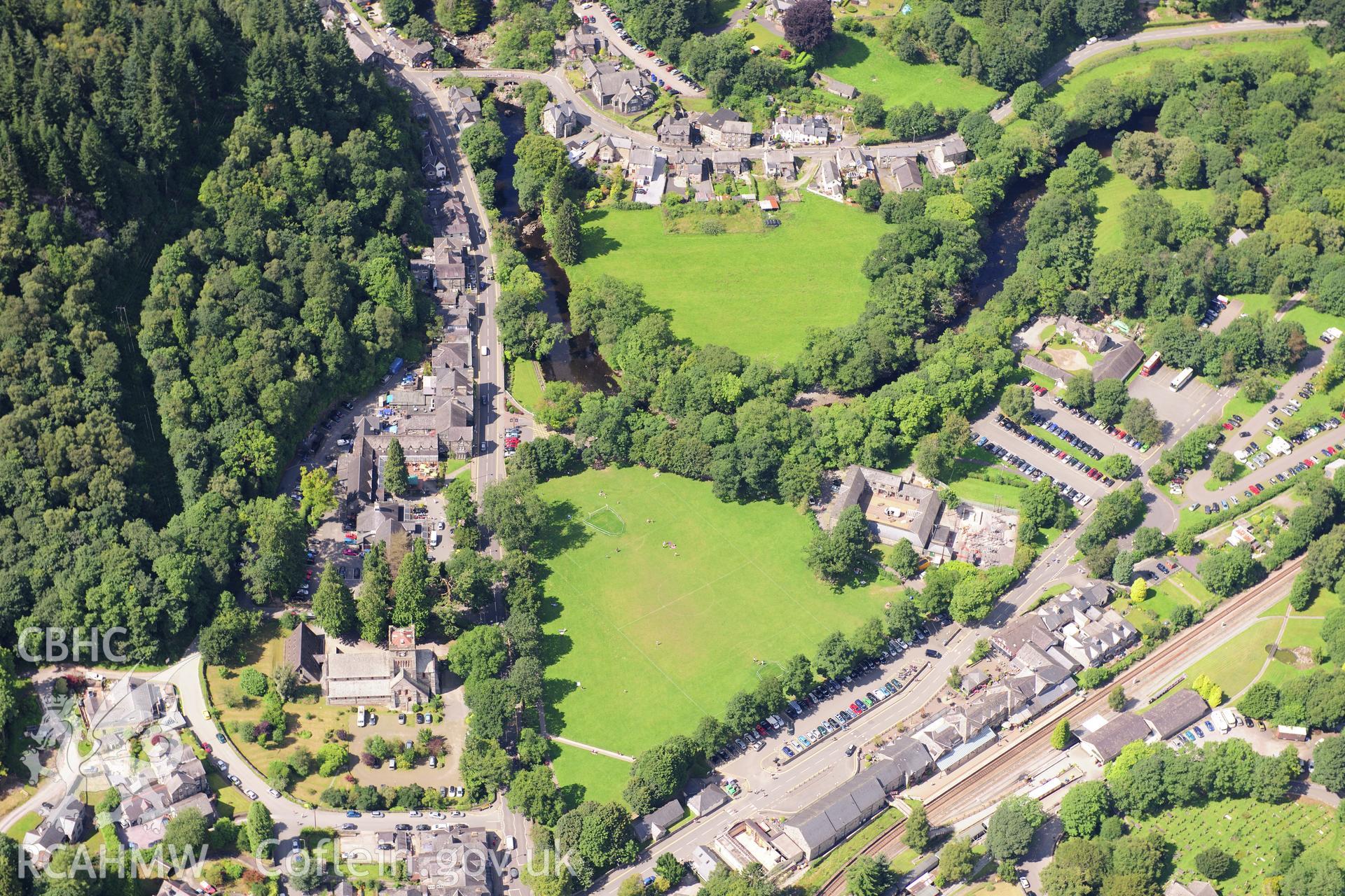 RCAHMW colour oblique photograph of St Mary's Church, Betws-y-Coed, viewed from the south-east. Taken by Toby Driver on 10/08/2012.