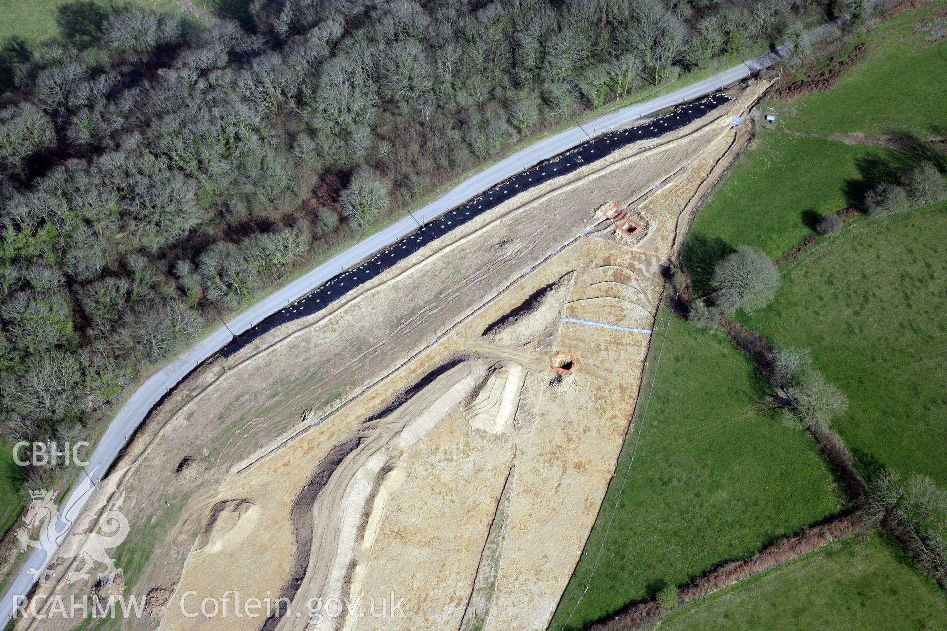 RCAHMW colour oblique photograph of A477 Bypass, Llanddowror, works in progress. Taken by Toby Driver and Oliver Davies on 28/03/2012.