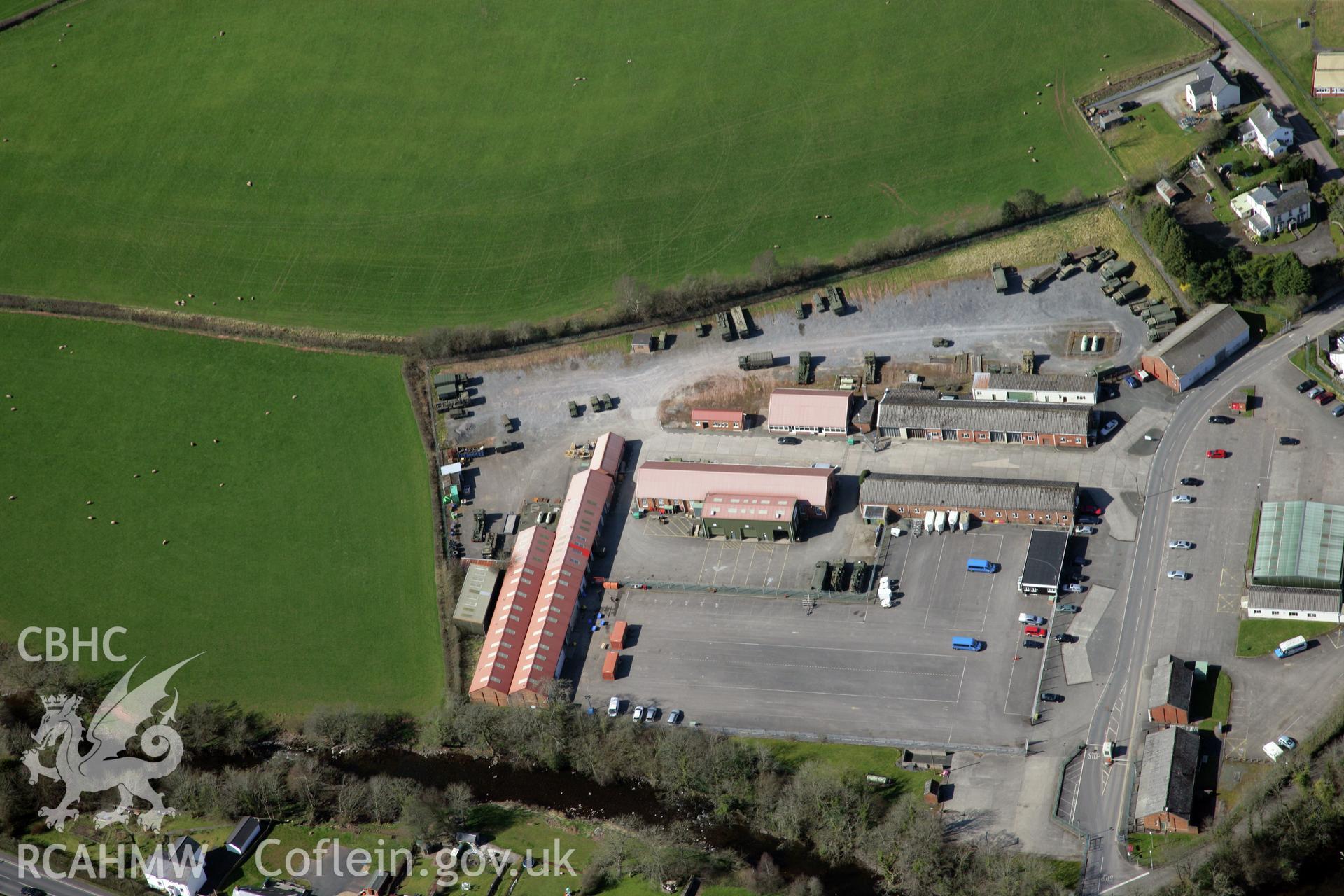 RCAHMW colour oblique photograph of Sennybridge Camp, maintenance yard. Taken by Toby Driver and Oliver Davies on 28/03/2012.