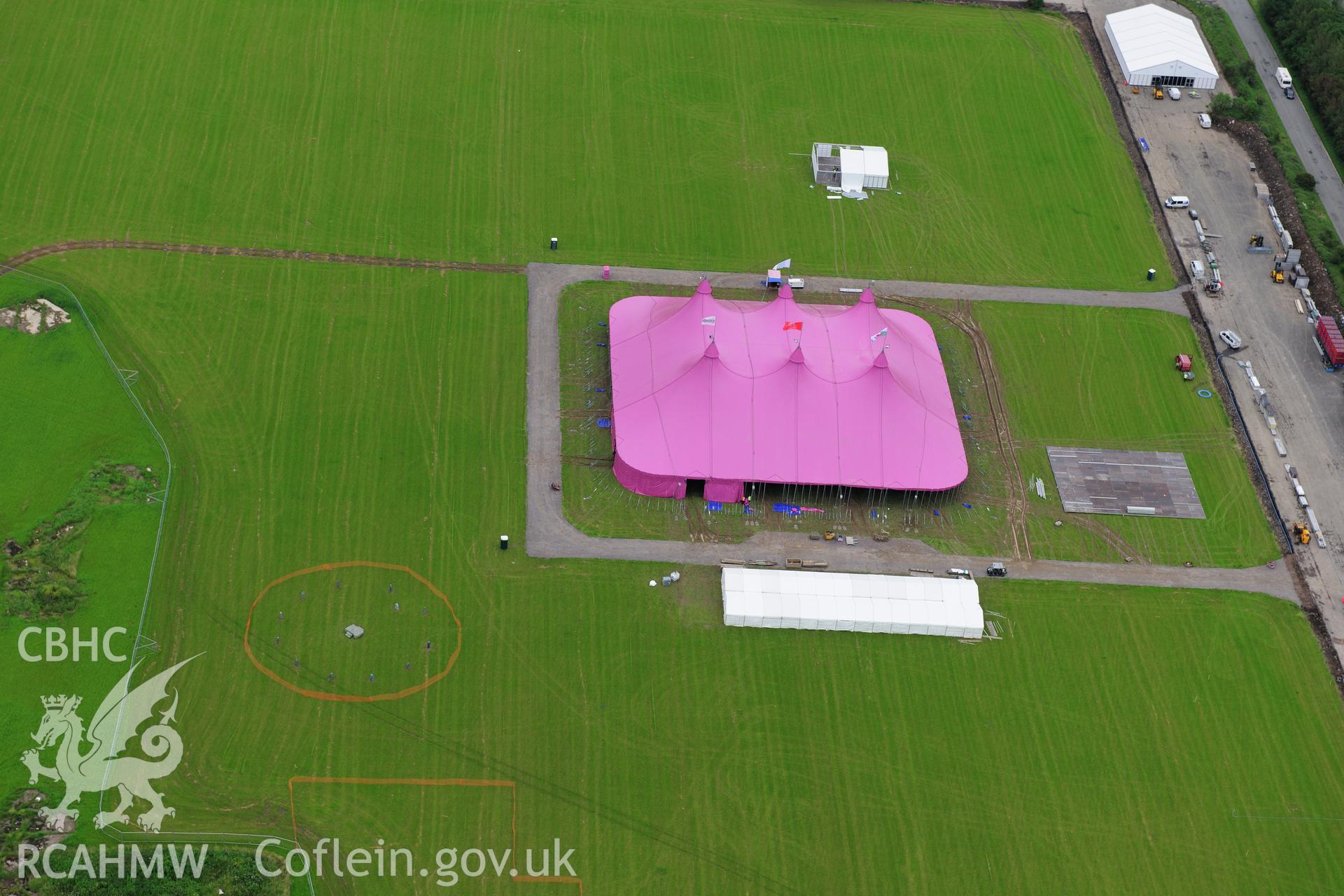 RCAHMW colour oblique photograph of Llandow Airfield 2012 National Eisteddfod. Taken by Toby Driver on 05/07/2012.