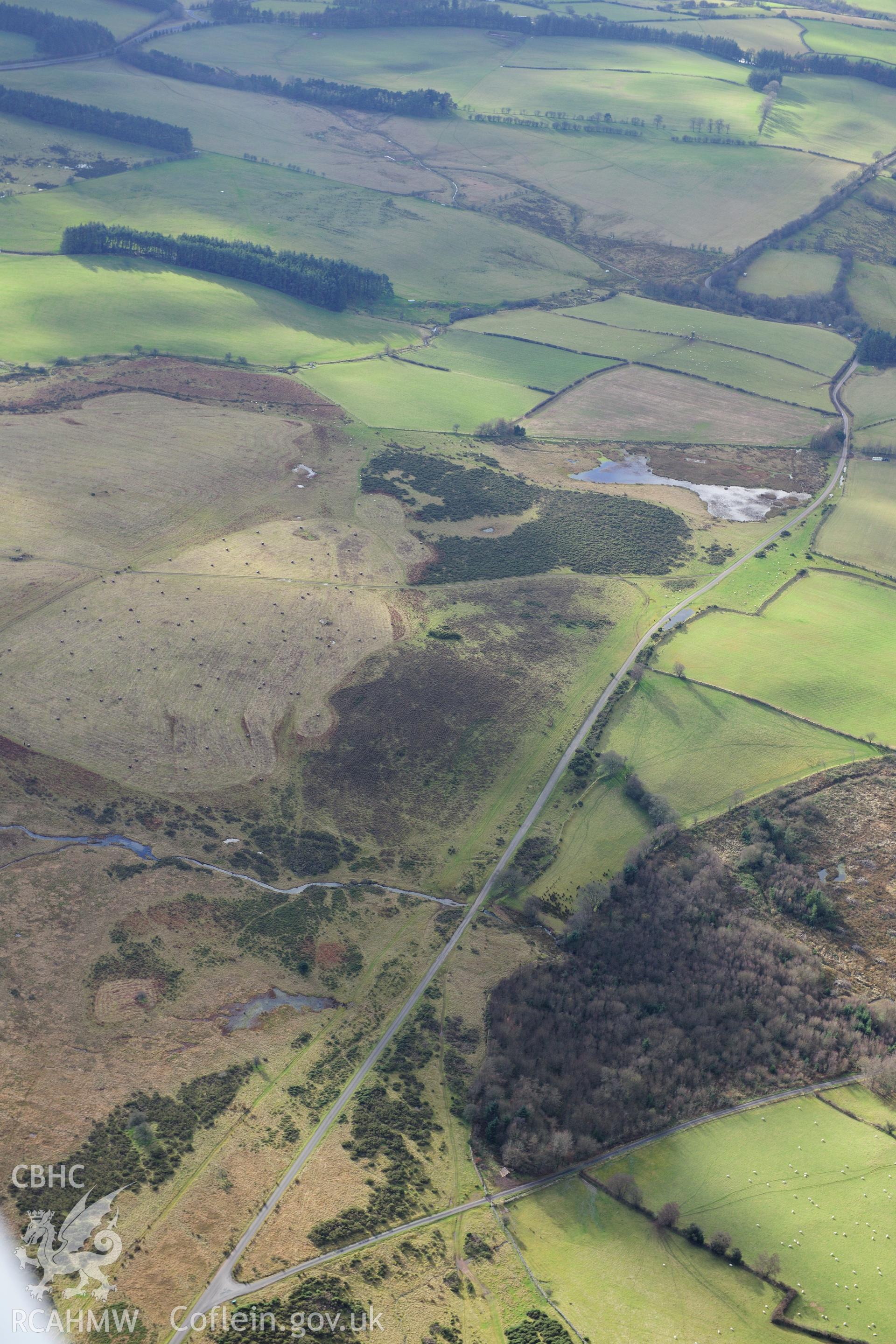 RCAHMW colour oblique photograph of Roman road on Mynydd Illtyd, view from north-east. Taken by Toby Driver on 28/11/2012.