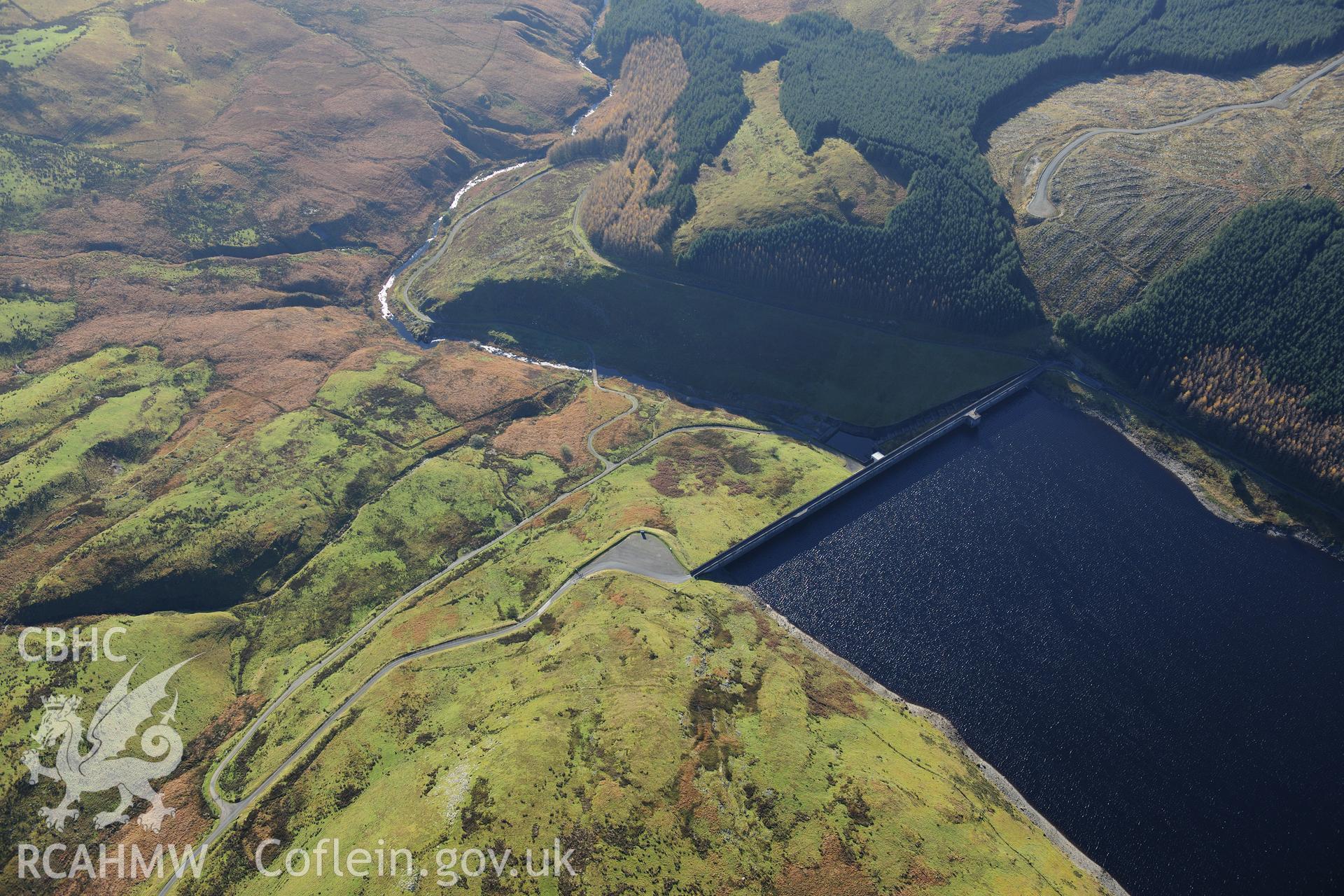 RCAHMW colour oblique photograph of Nant y Moch Reservoir, dam. Taken by Toby Driver on 05/11/2012.