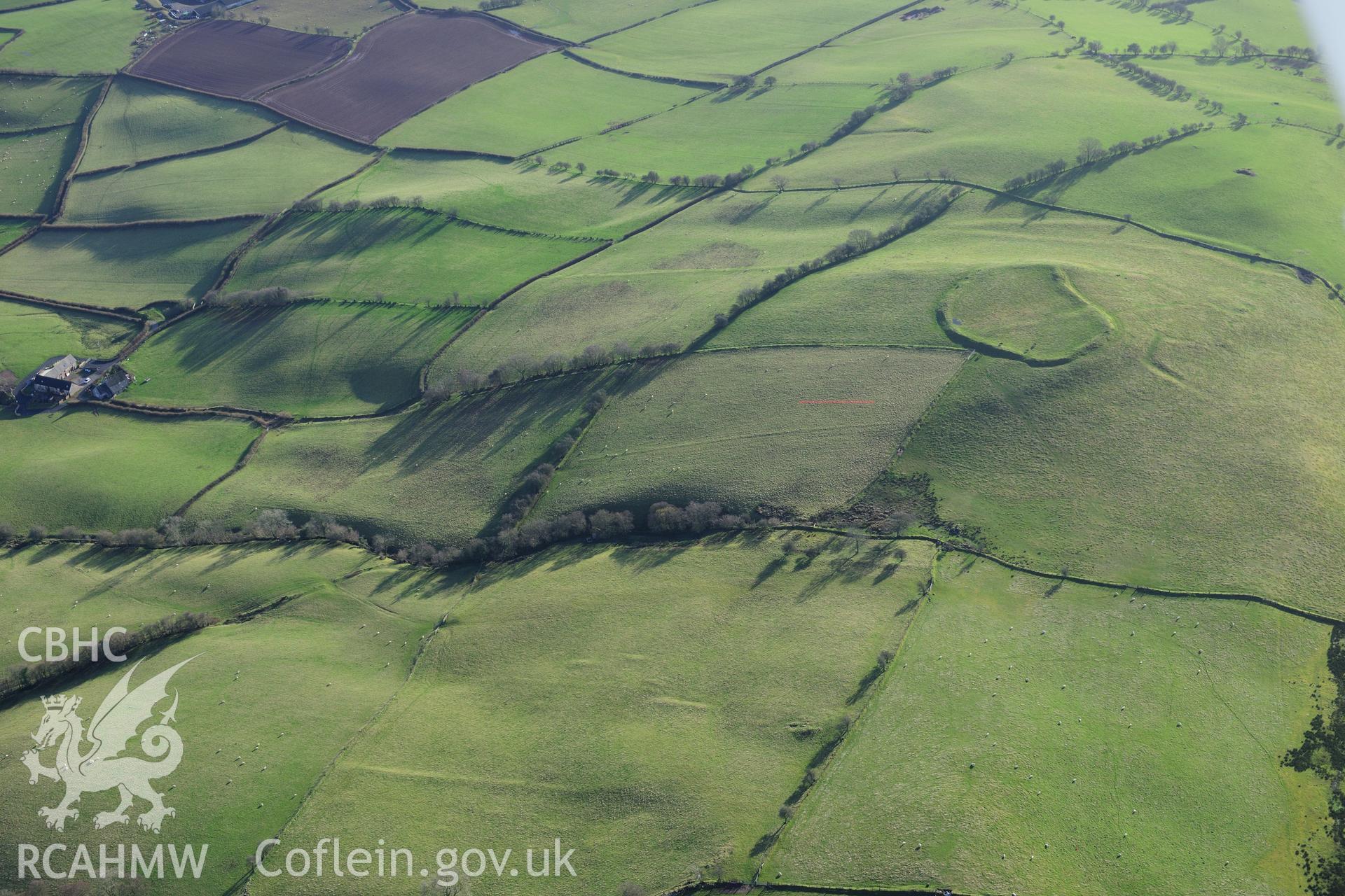 RCAHMW colour oblique photograph of Twyn y Gaer defended enclosure. Taken by Toby Driver on 23/11/2012.