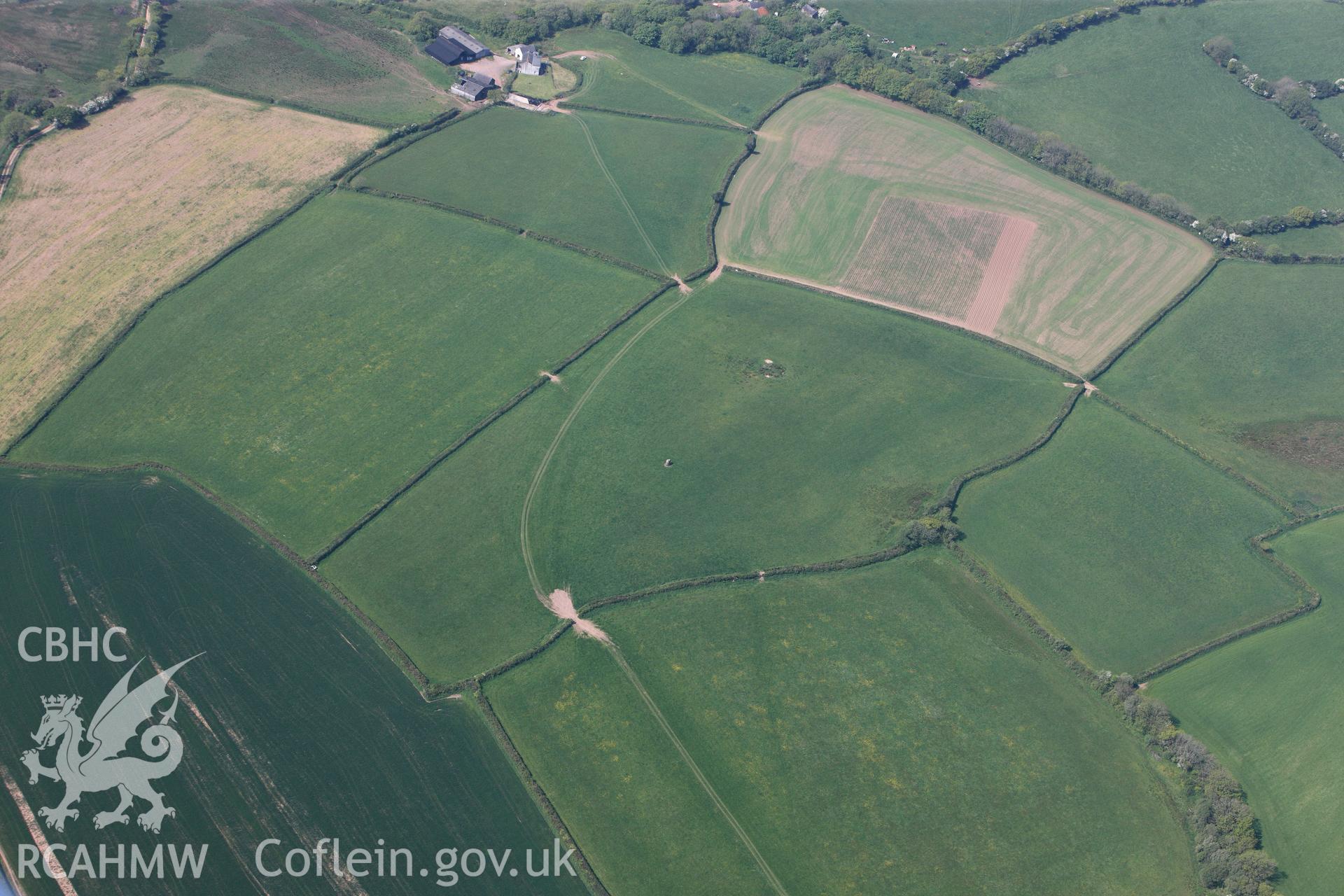 RCAHMW colour oblique photograph of General view of Maen Llwyd standing stone, looking south west. Taken by Toby Driver on 24/05/2012.