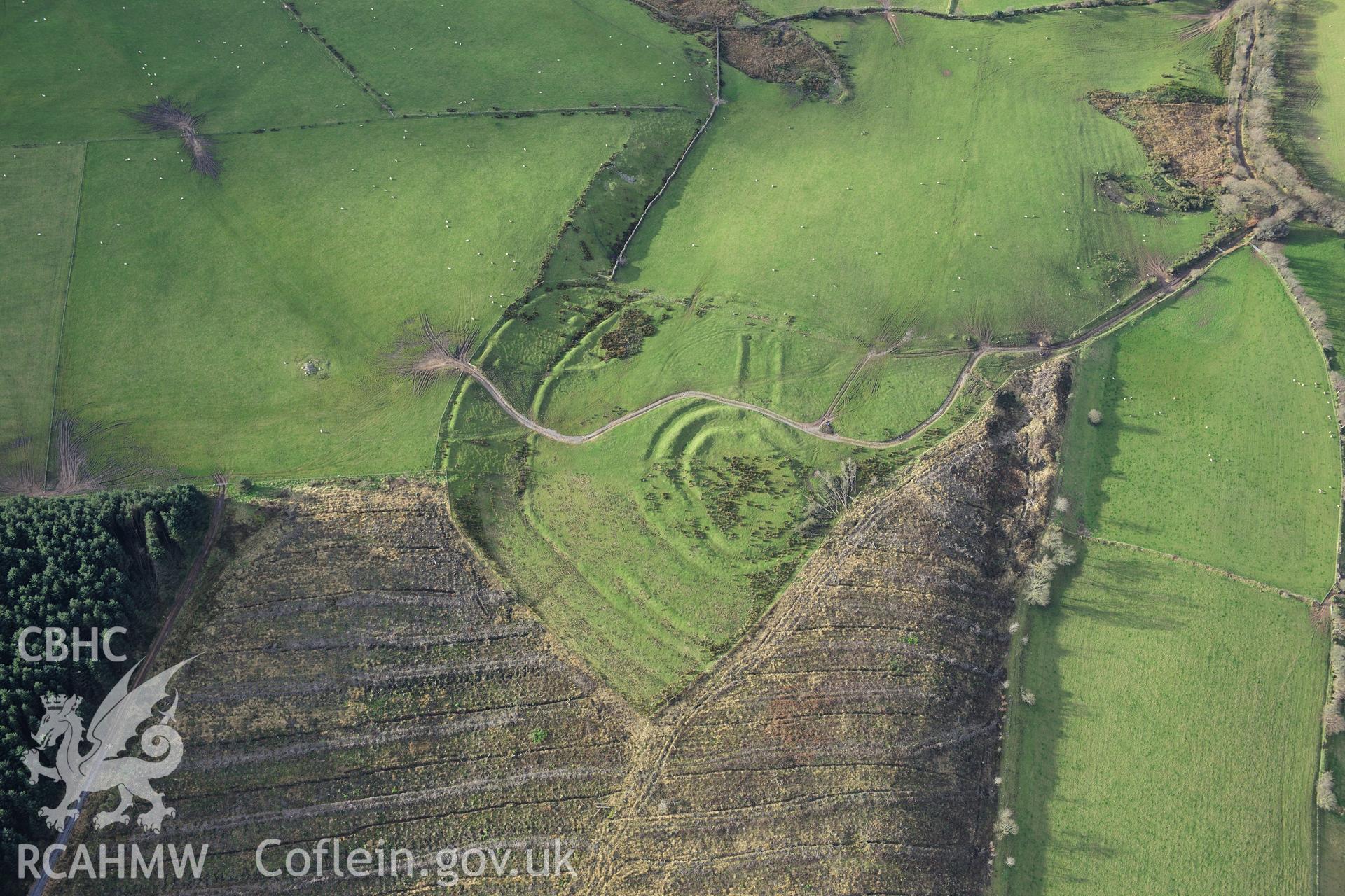 RCAHMW colour oblique photograph of Gaer Fawr, with clearance of forestry block. Taken by Toby Driver on 28/11/2012.