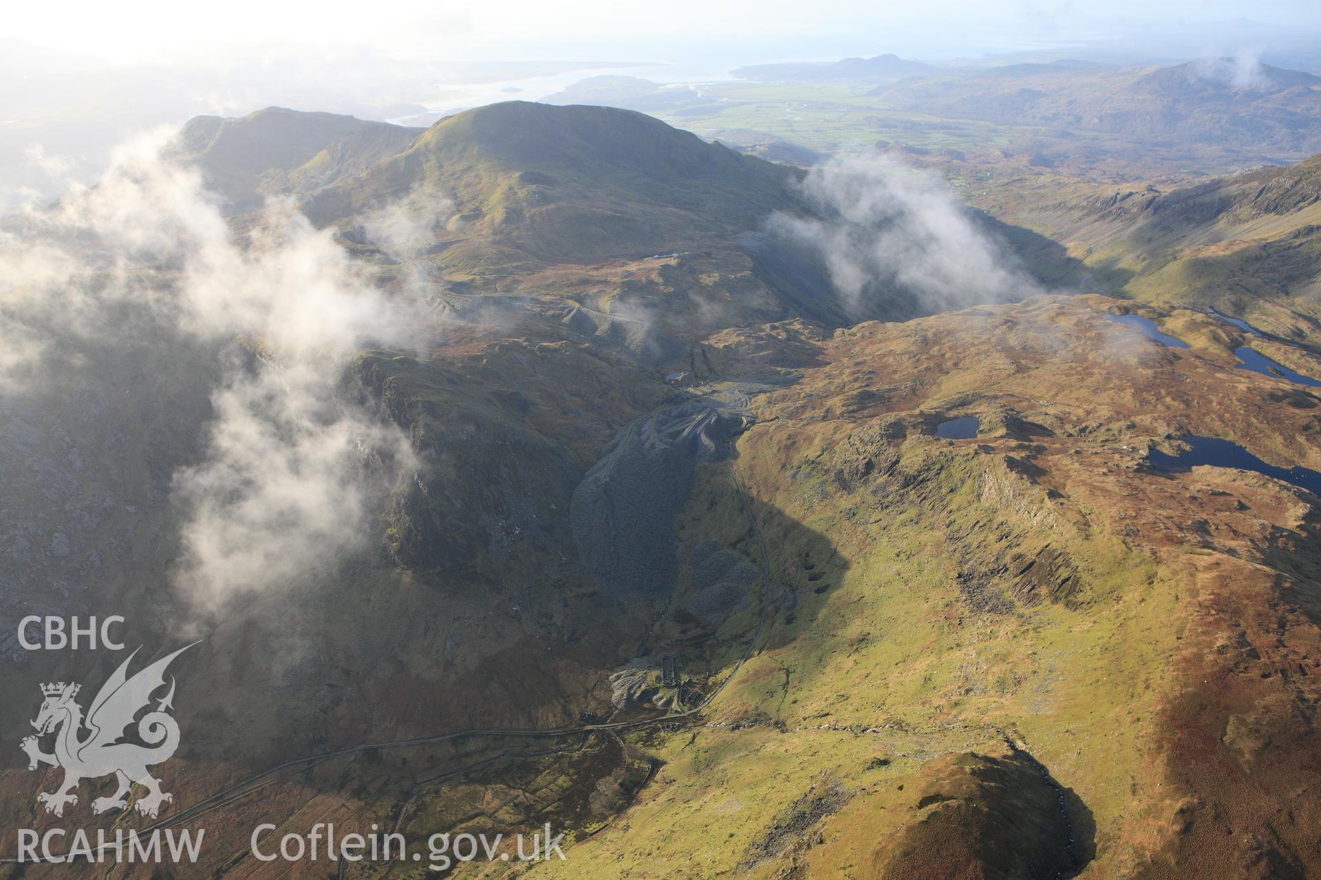 RCAHMW colour oblique photograph of Conglog slate quarry, looking west towards Rhosydd. Taken by Toby Driver on 13/01/2012.