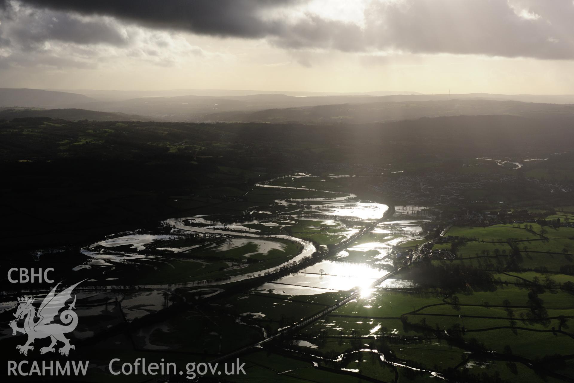 RCAHMW colour oblique photograph of Tywi Valley in flood at Rhosmaen, showing line of Roman road. Taken by Toby Driver on 23/11/2012.