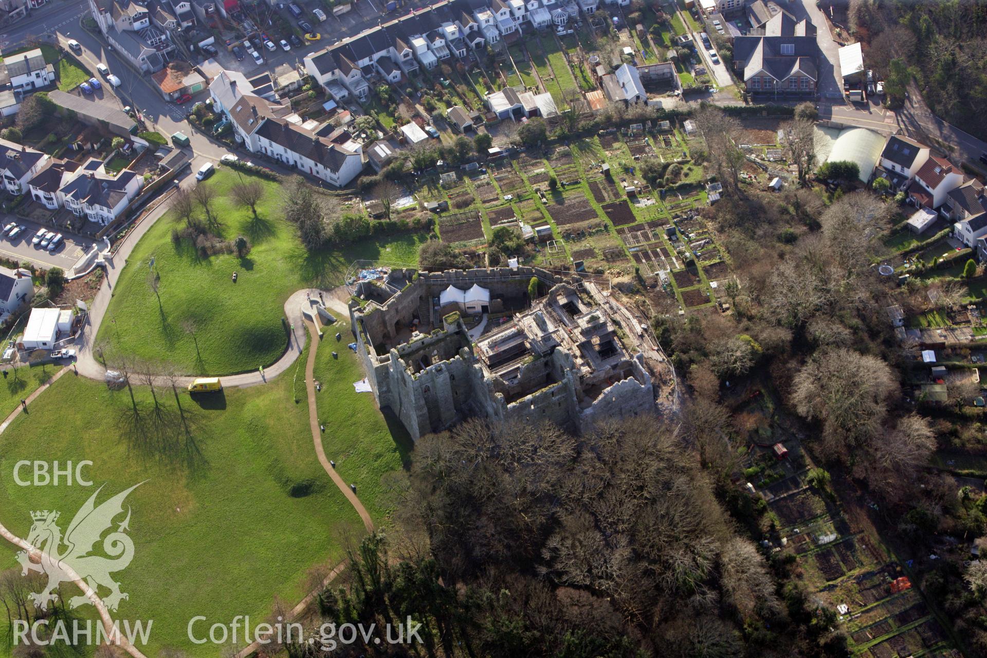 RCAHMW colour oblique photograph of Oystermouth Castle, during renovation work. Taken by Toby Driver on 02/02/2012.